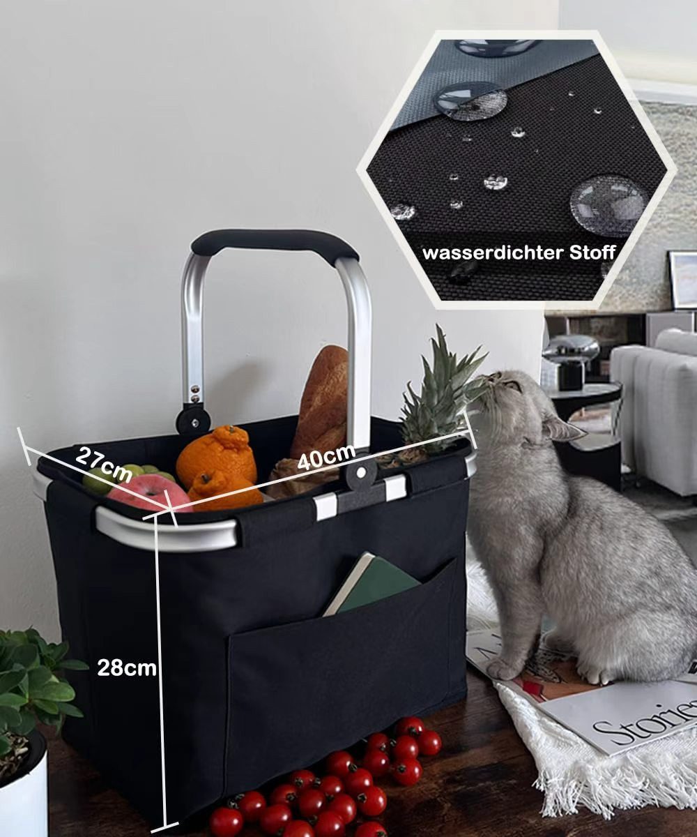 wohnTRAUM24 Picknickkorb Picknickkorb Tragekorb Einkaufskorb Campingkorb Klappkorb mit Griffen, Faltbar Groß Einkaufskorb Picknickkorb mit Alurahmen Stabiler Korb