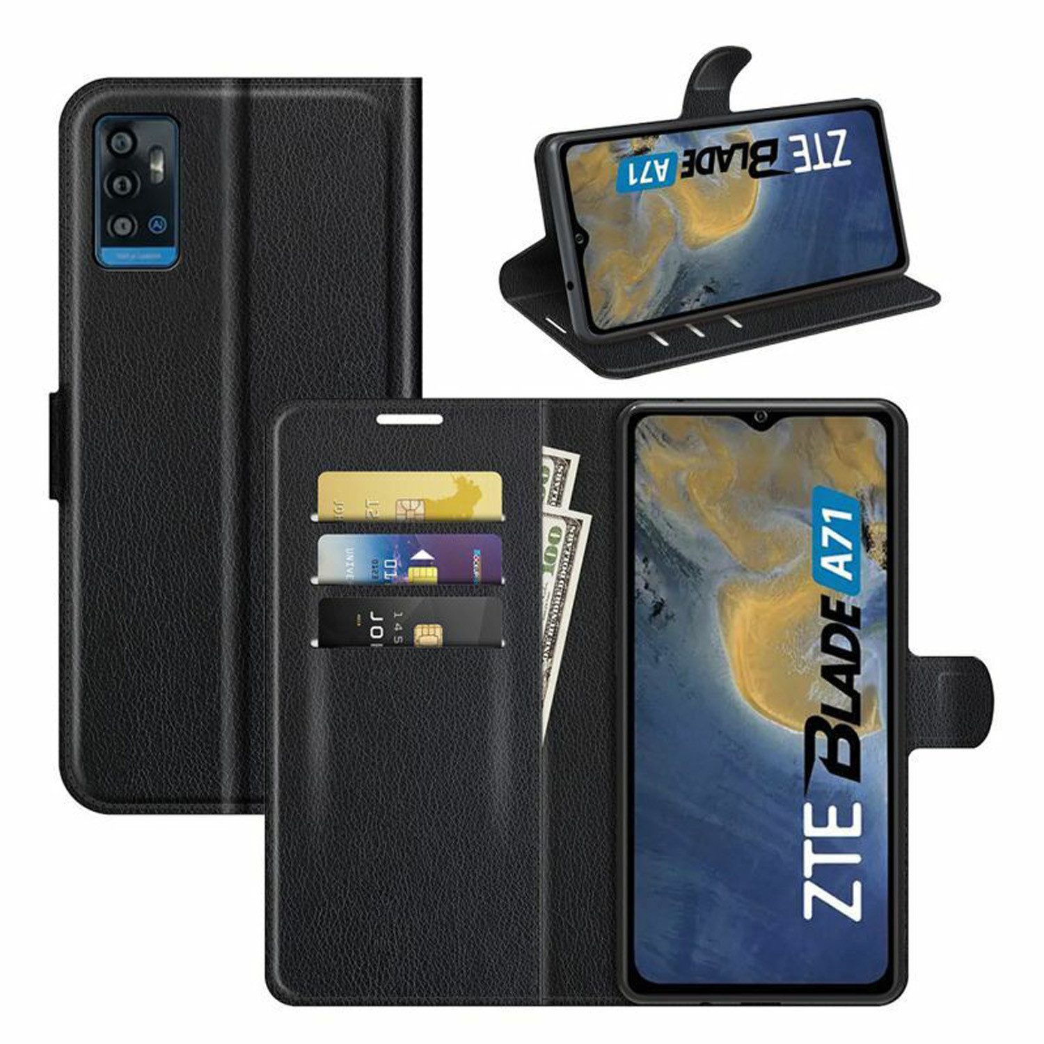 betterfon Handyhülle Handytasche für ZTE Blade A71 Klapphülle Schwarz, 3 Kartenfächer, Magnetverschluss & Standfunktion im Lederlook