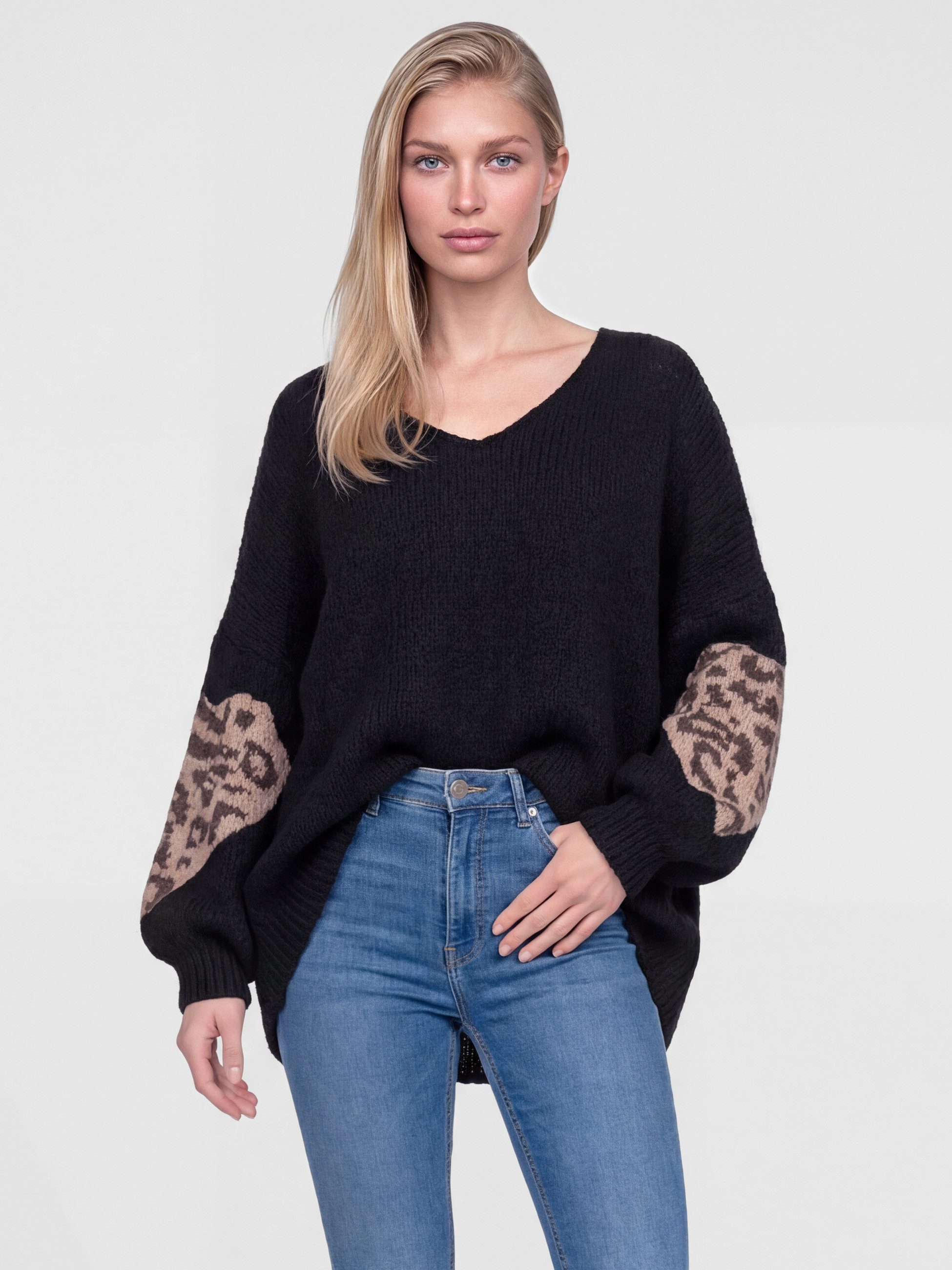 PEKIVESSA Strickpullover Oversized Pullover mit V-Ausschnitt Ärmel mit Herz-Motiv und Leopardenmuster