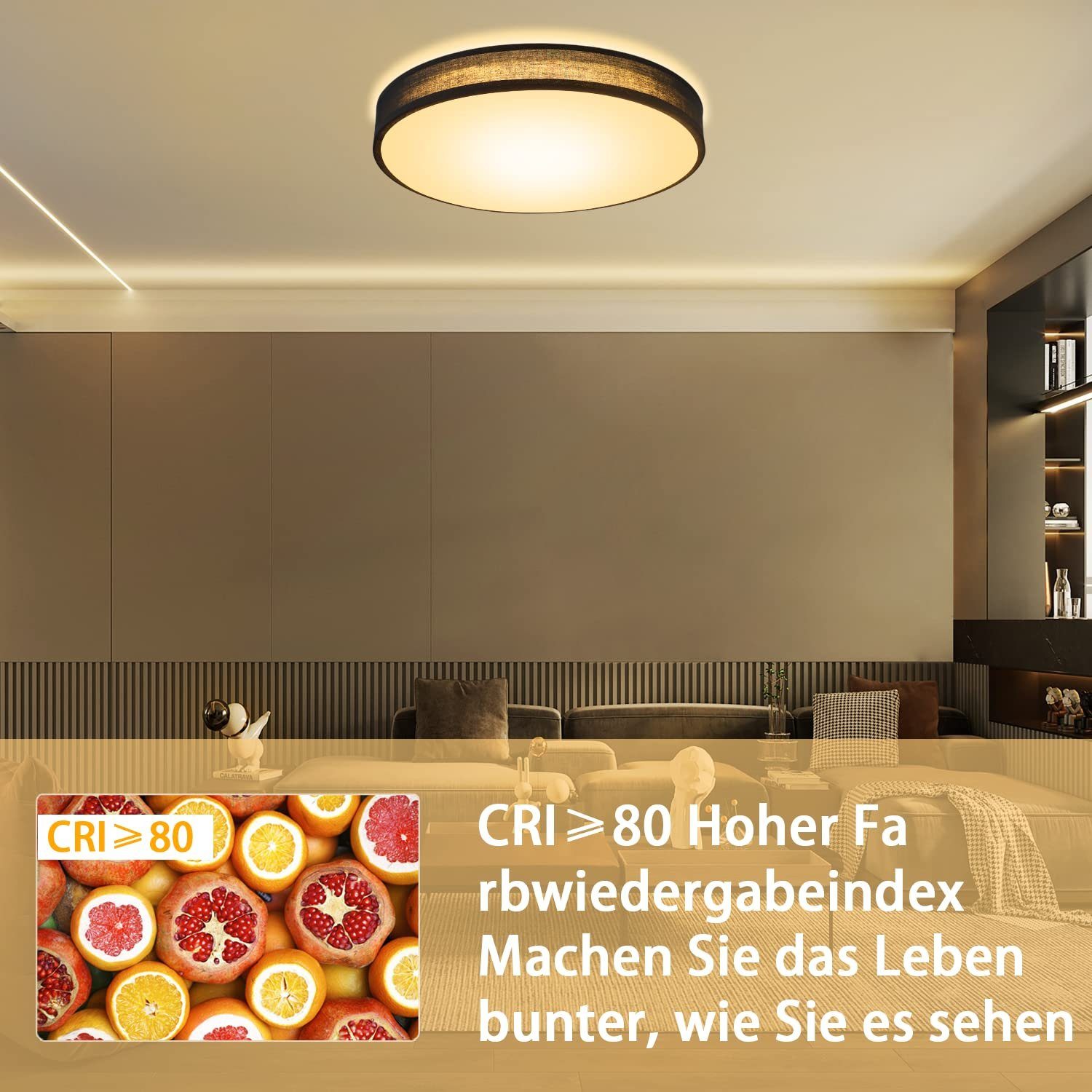 integriert, dimmbar, LED Schlafzimmer Ø38CM Deckenleuchte Stoffschirm LED W fest Whonzimmer, warmweiß-kaltweiß, ZMH runde ‎38 Schwarz
