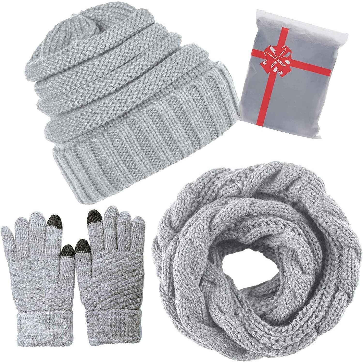 LuxusKollektion Geschenkbox Winter Set Damen Mütze Schal Handschuhe 3-teilig Grau (1 St)