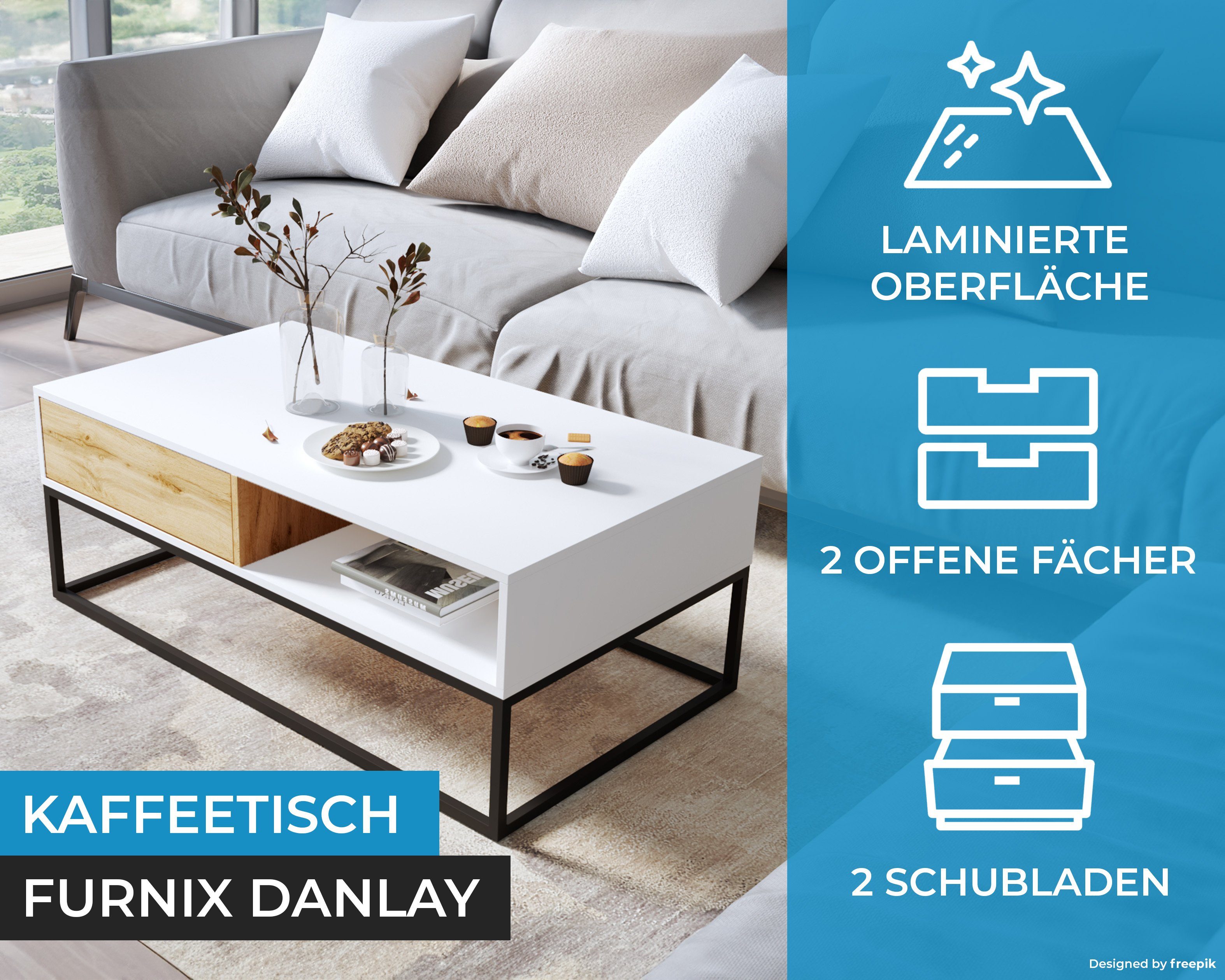 DANLAY H45 & x Stellfüße GESTELL B120 Couchtisch Schwarz/Wotan Furnix cm T67 Kaffeetisch Schubladen, x