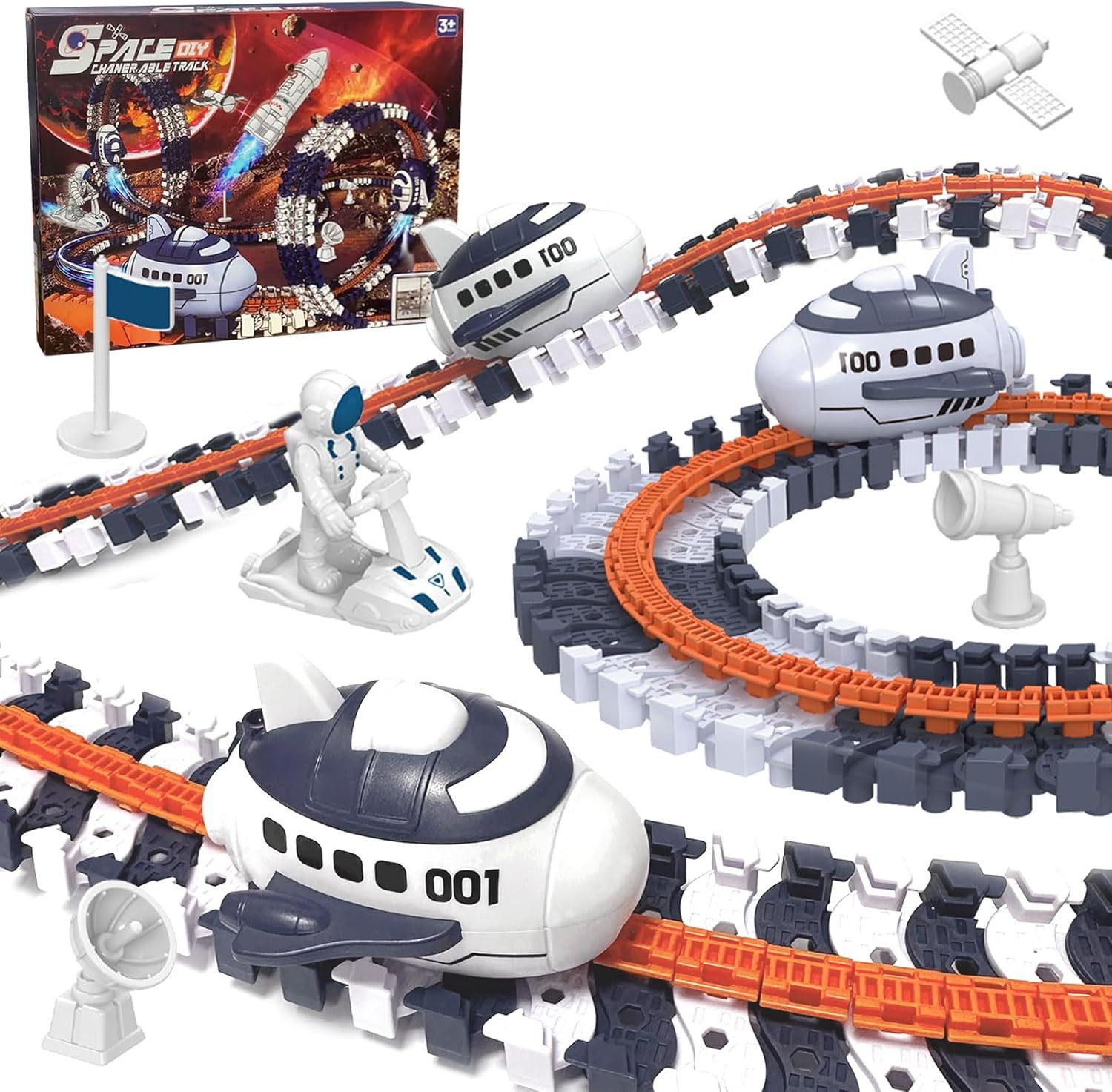 LA CUTE Autorennbahn Weltraum Rennstrecke Spielset 128 Teile mit Space Shuttle & Zubehör, (Weltraum-Spielset mit flexibler Rennbahn, Space Shuttle und Zubehör, 128-tlg., 128-teiliges Weltraum-Rennstreckenset mit flexiblem Track und Shuttle), Flexible Renn