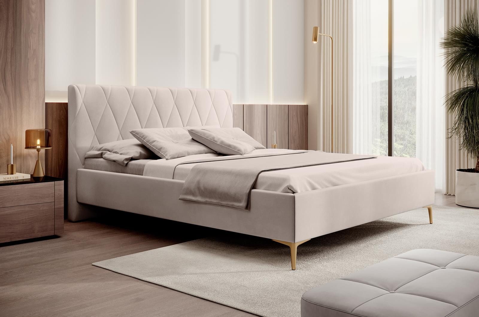 Compleo Polsterbett ohne Bettkasten HILT, Glamour design, 140/160/180 cm, Metallfüße in der Farbe Gold