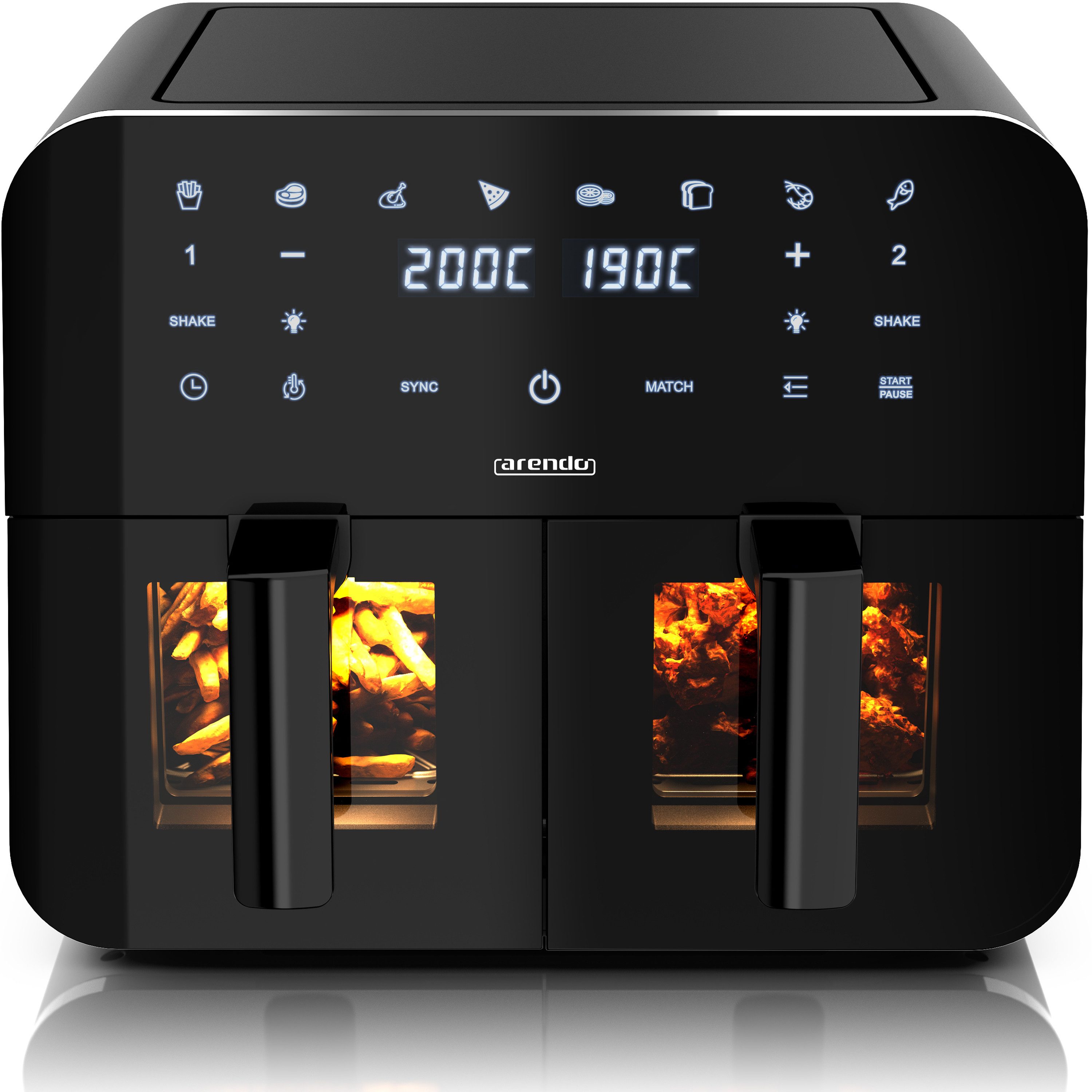 Arendo Heißluftfritteuse XXL Doppelkammer Airfryer 9L, Dual Zone, Sichtfenster mit Beleuchtung, 2400 W, mit Zubehör, Touchscreen, 3D Umluftsystem, fettarmes gesundes Kochen