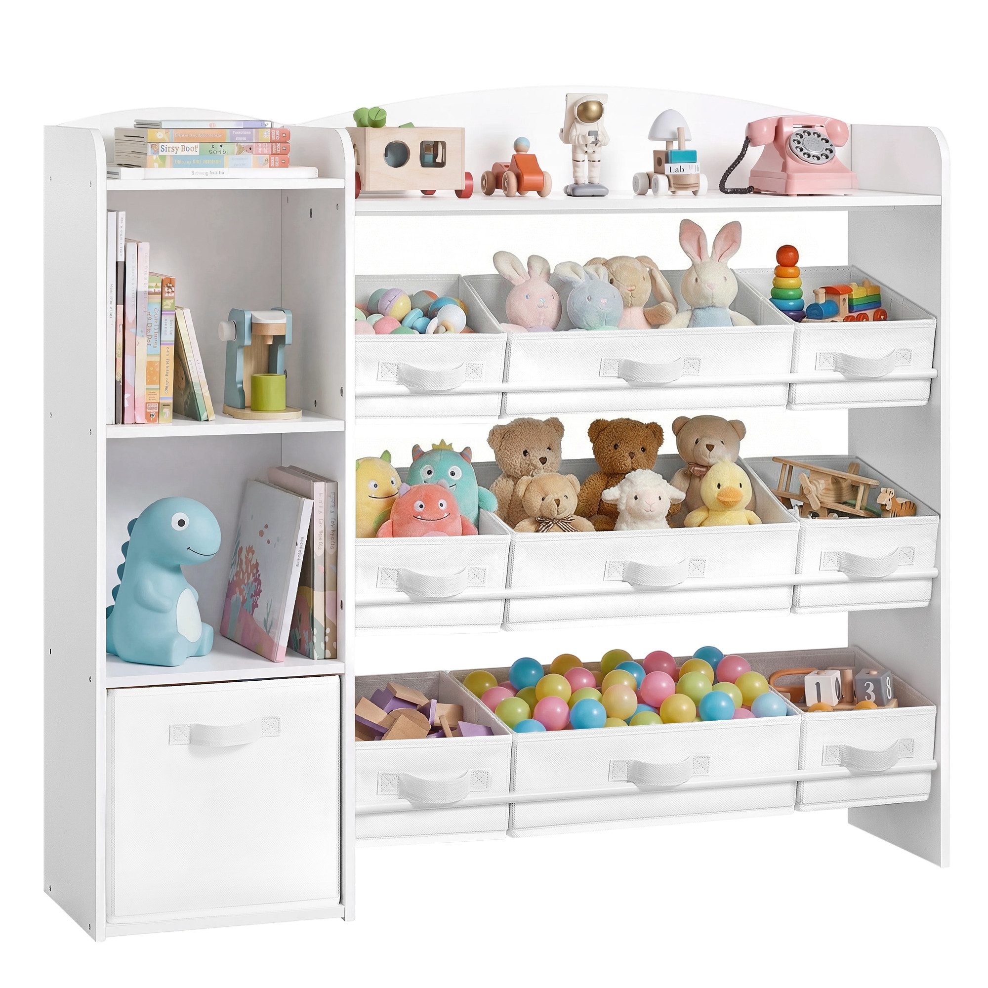 SONGMICS Spielzeugtruhe Kinderregal Bücherregal Kinder, 4 offene Fächer, 30 x 113,1 x 104 cm, Kinderzimmer, 9 mittlere und 1 seitliche Boxen