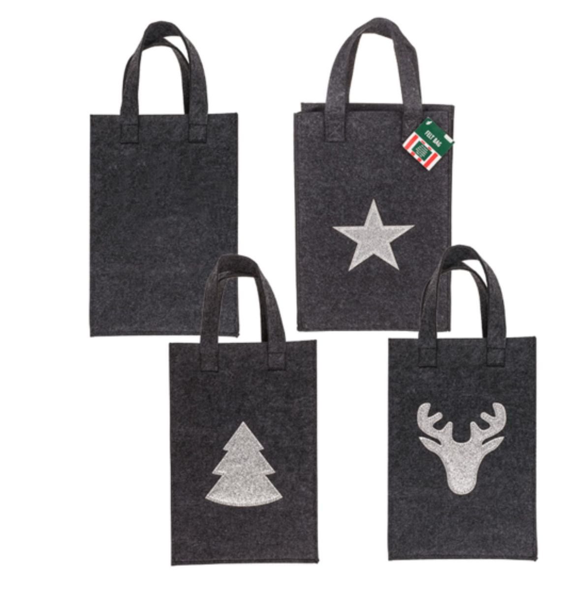 Marabellas Shop Tragetasche Graue Geschenktasche aus Filz mit Glitzermotiv Geschenktüte, mit Tragegriff