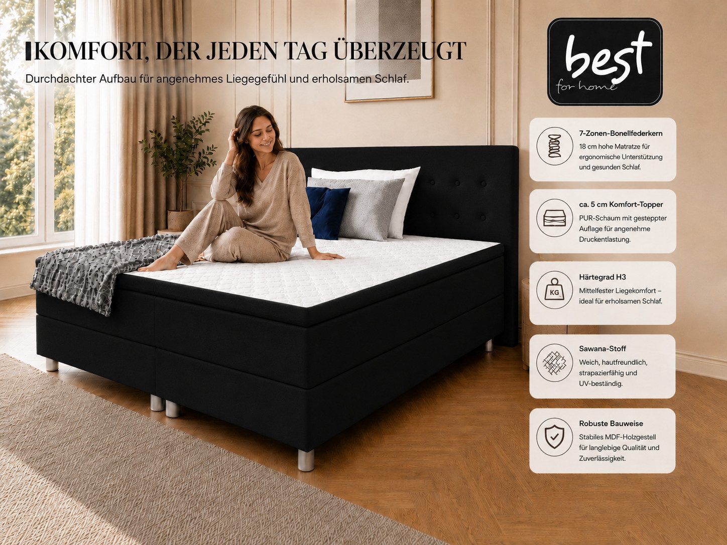 Best for Home Boxspringbett mit gepolstertem Kopfteil, komfortabler Bonnell-Matratze & 5 cm Topper (Boxspringbett-Set mit Matratze und Topper, 1-St., 90x200 120 – Bild 2 von 5