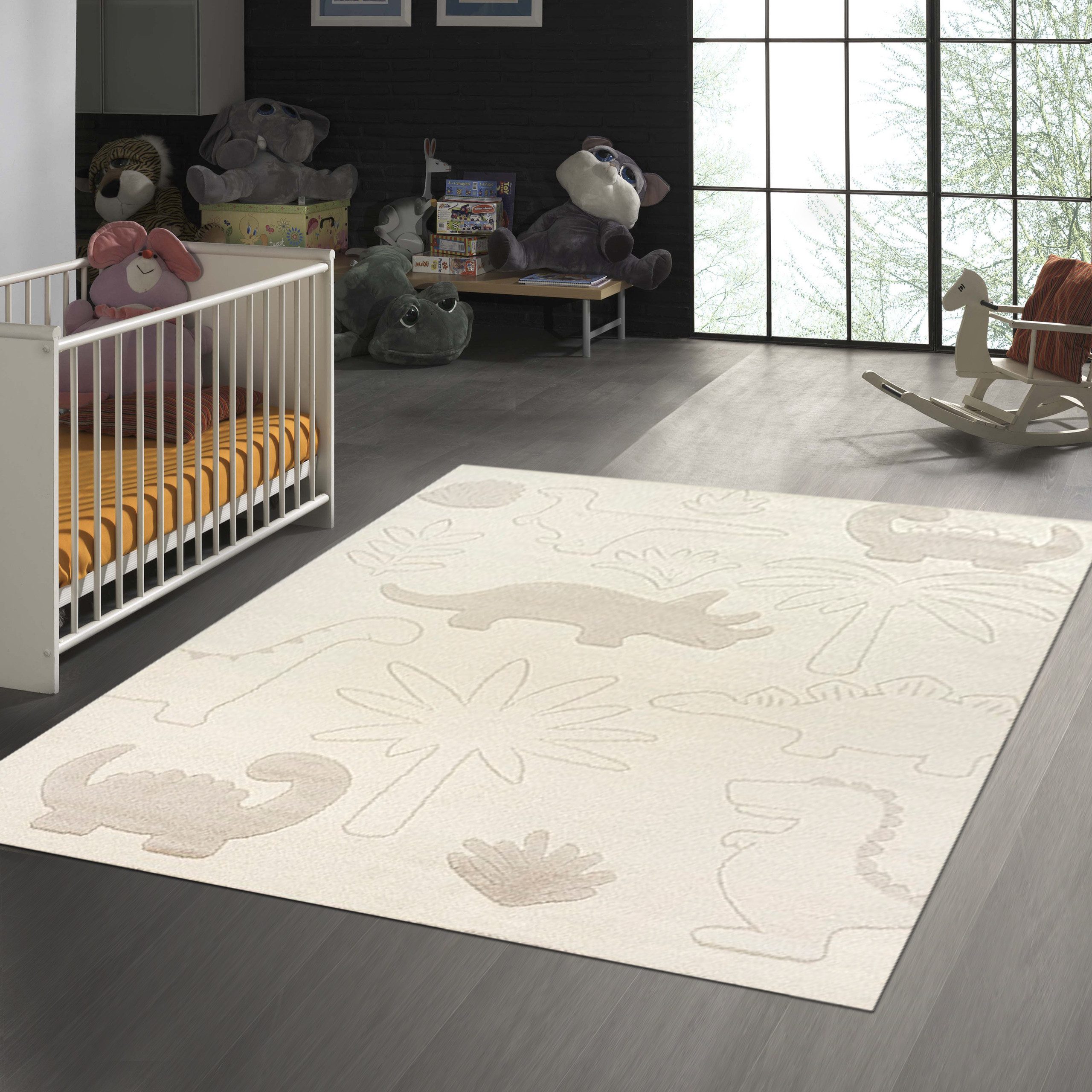 TeppichHome24 Teppich Teppich Kinderzimmer Spielezimmer Dino Pflanzenmuster in creme, rechteckig