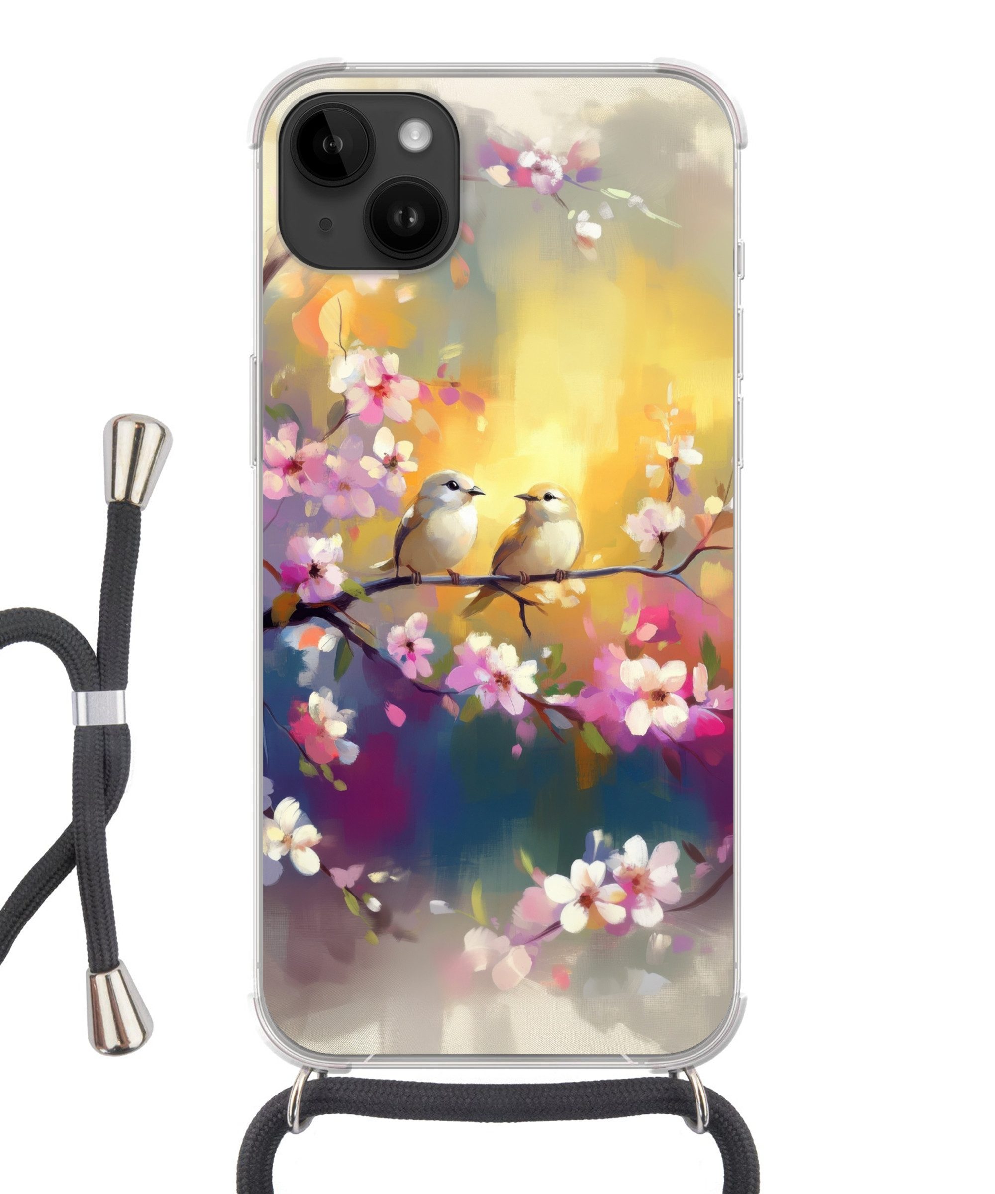 MuchoWow Handyhülle für Apple iPhone 14 Max Vögel - Blumen - Rosa, Tragbare Handyhüllen mit Kette zum umhängen, Handykette Handyband