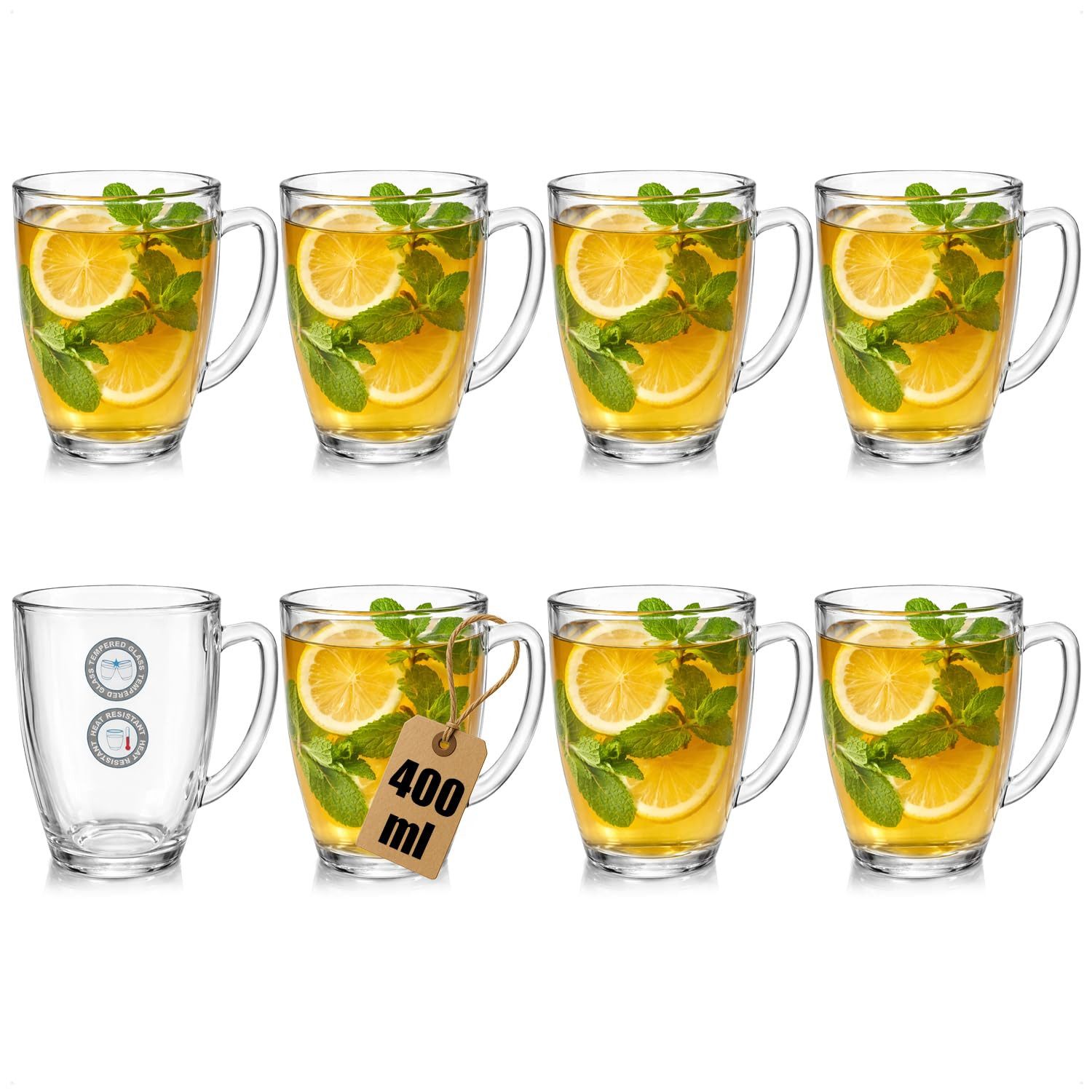 com-four Teeglas Teeglas aus gehärtetem Glas - 400ml, 8-tlg., Große Trinkgläser mit Henkel für Tee, Kakao, Kaffee und Cappuccino