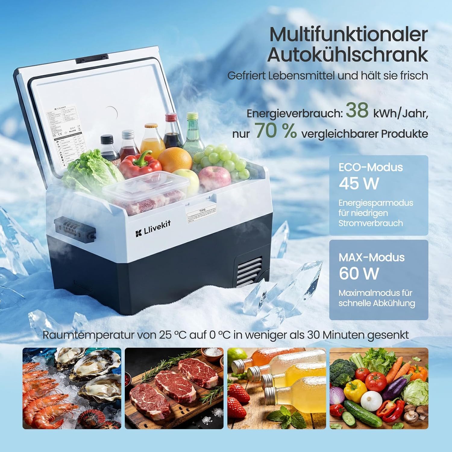 LLIVEKIT Kühlbox, Kompressor Kühlbox 40L, -20~20°C, Tragbarer Kühlschrank