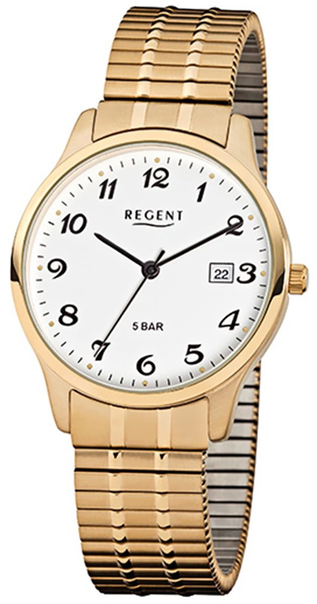 Regent Quarzuhr Regent Herren-Armbanduhr gold Analog F-876, (Analoguhr), Herren Armbanduhr rund, mittel (ca. 36mm), Edelstahl, goldarmband