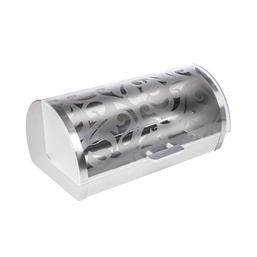 Haushalt International Brotkasten Brotbox, Brotkasten, Brotbehälter, Edelstahlbrotkasten, Edelstahl, Klappe mit Blumenmotiv, Größe: (B x T x H) 36 x 22 x 16,5 cm