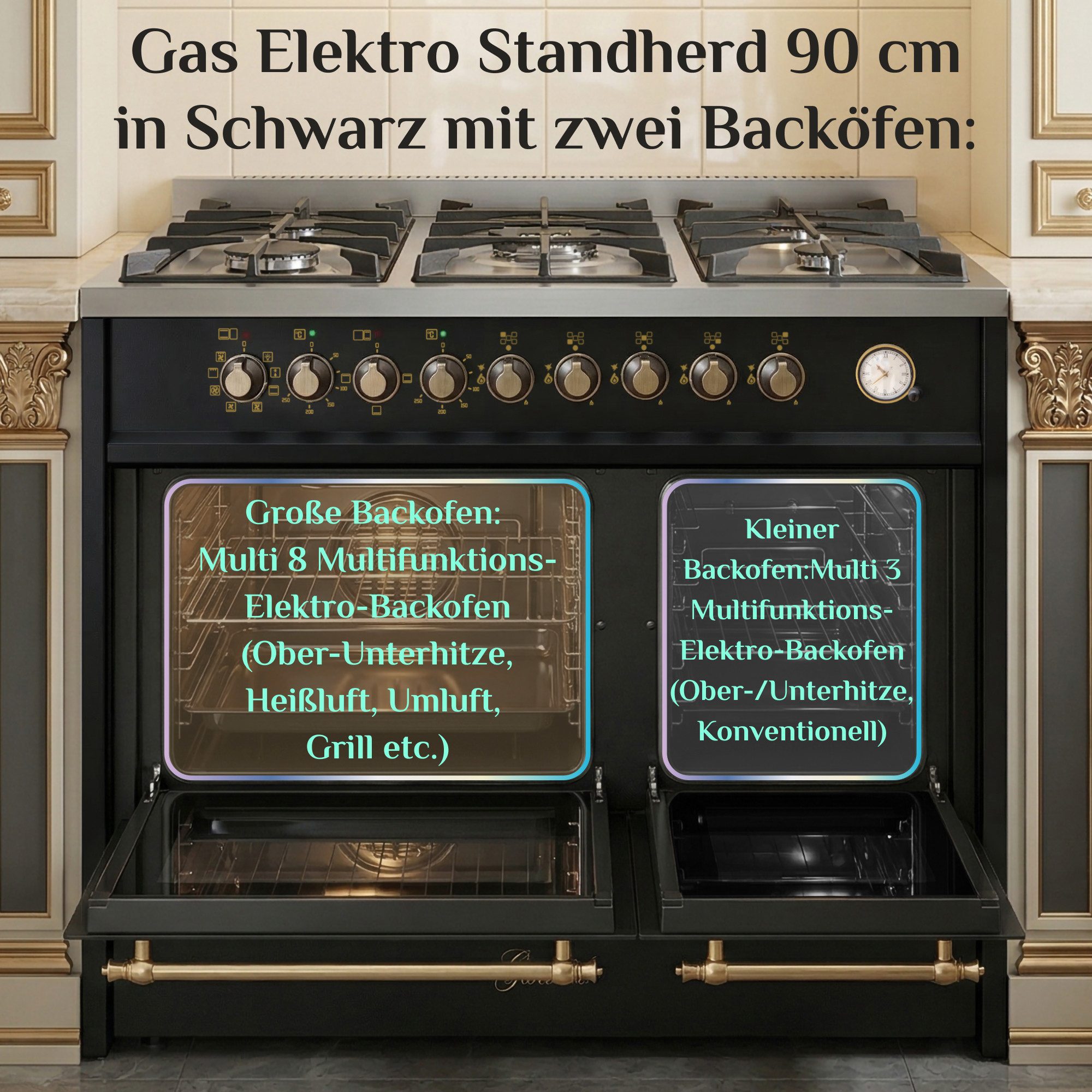 GURARI Gas-Standherd GCH E 916 BL R Retro Gas Elektro Standherd 90 cm, Range Coocker, mit 1-fach-Teleskopauszug, Easy-Clean-Emaille, Retro Gas Elektro Standherd 90 cm, Range Coocker, 8 Funktionen
