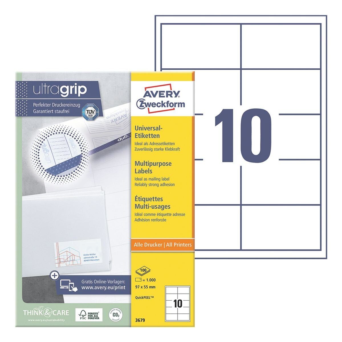 Avery Zweckform Etiketten 3679, 1000 Stück, Universal (97x55 mm), selbstklebend, mit Abziehhilfe