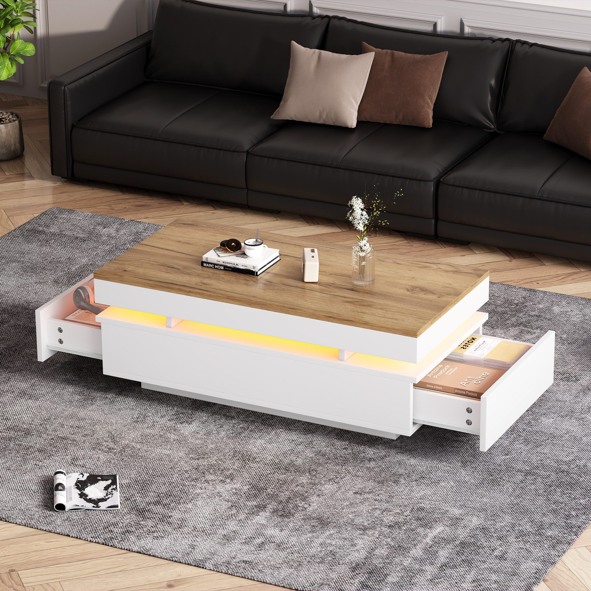MODFU Couchtisch Hochglänzender Beistelltisch mit atmosphärischer LED (Packung, 1-St., Ideal als stylischer Teetisch oder funktionaler Sofatisch), In Weiß/Holzton, 100x50x35 cm, inkl. 2 Schubladen