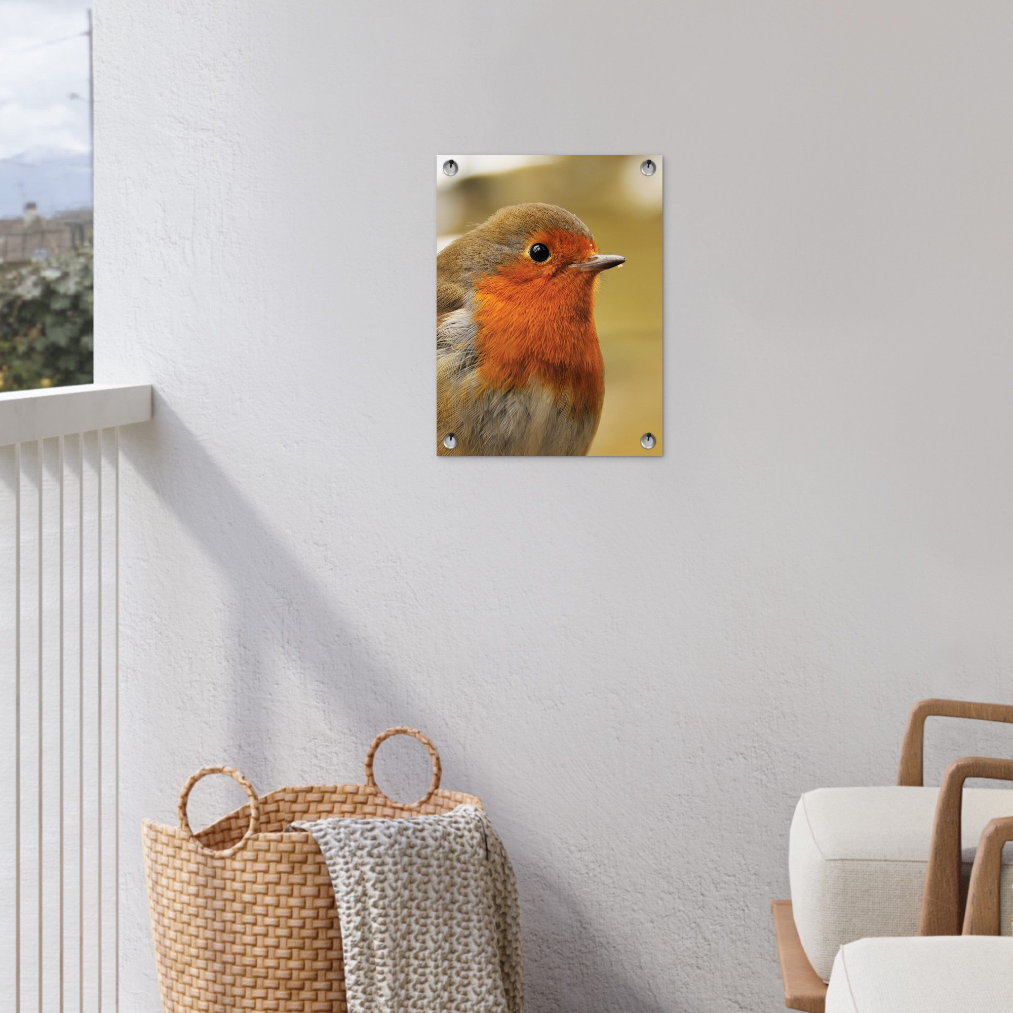 OnlyWow Poster für Garten Vogel - Rotkehlchen - Porträt, Gartenposter, Outdoor Bilder, Gartendeko für draußen, 30x40 cm