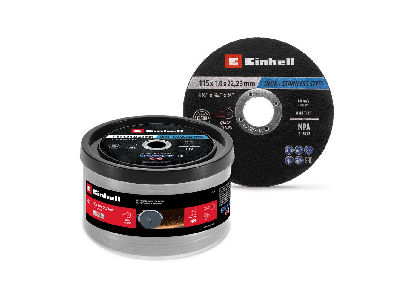 Einhell Trennscheiben Original Einhell Trennscheiben Metall, 50-tlg., Ø 115 mm in Dose (Schn, (711526-tlg), Das 50-teilige Trennscheibenset Metall von Original Einhell in der Ø 1