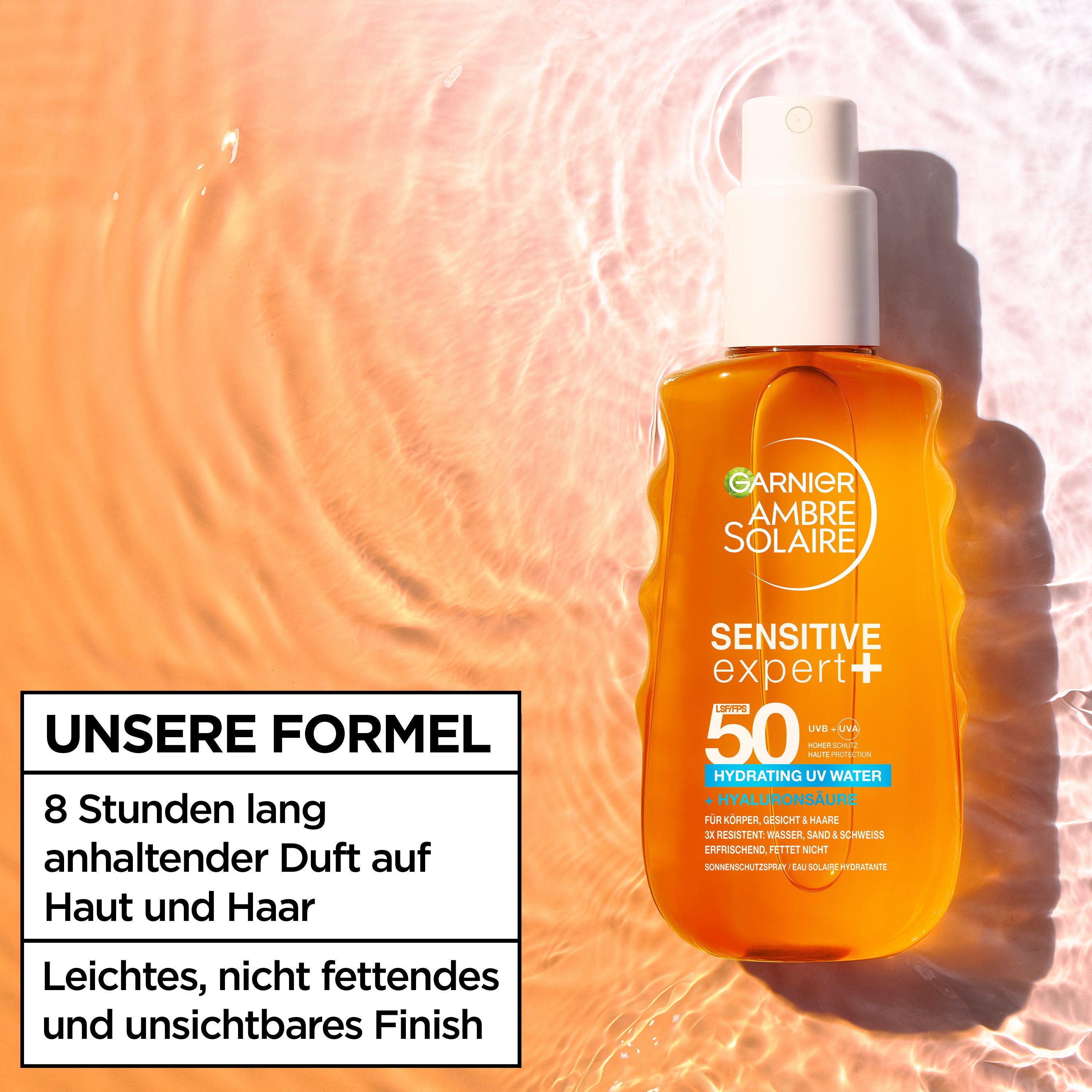 GARNIER Sonnenschutzspray Garnier Ambre Solaire Sensitive Expert + Hydrating UV Water LSF 50, mit LSF 50, für Körper, Gesicht und Haare geeignet