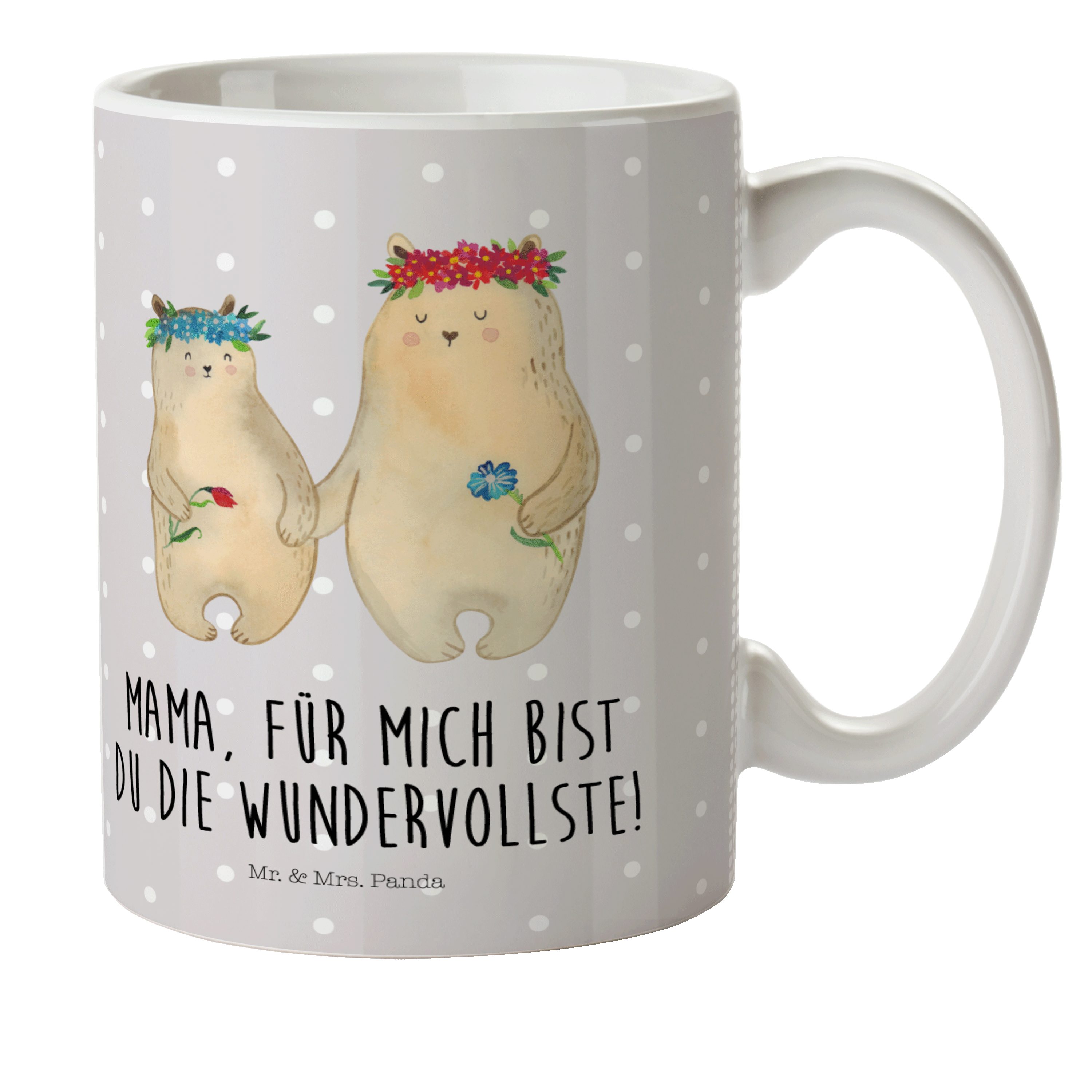 Mr. & Mrs. Panda Kinderbecher Bären mit Blumenkranz - Grau Pastell - Geschenk, Mama, Mami, Kunststo, Kunststoff