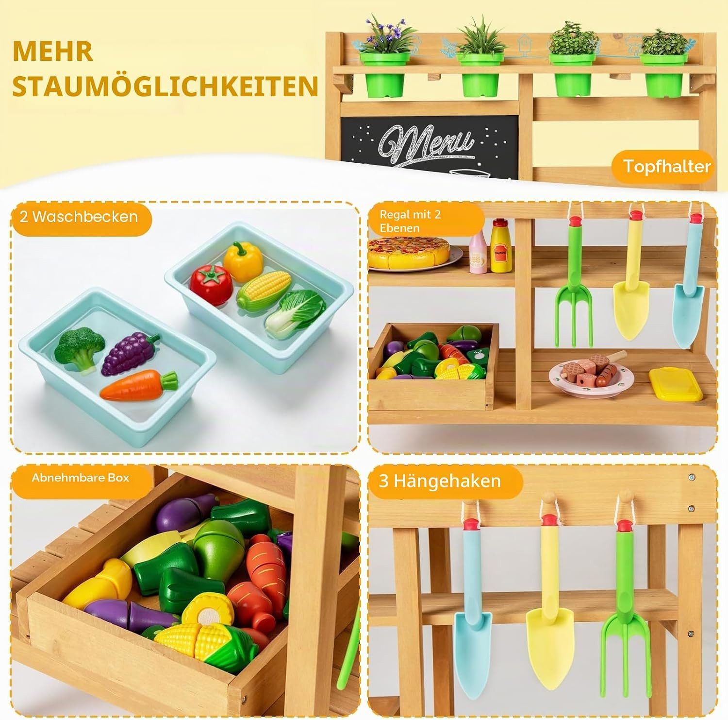KOMFOTTEU Outdoor-Spielküche, mit abnehmbaren Spülen, Tafel, Herd, Blumentöpfen & Gartenwerkzeugen