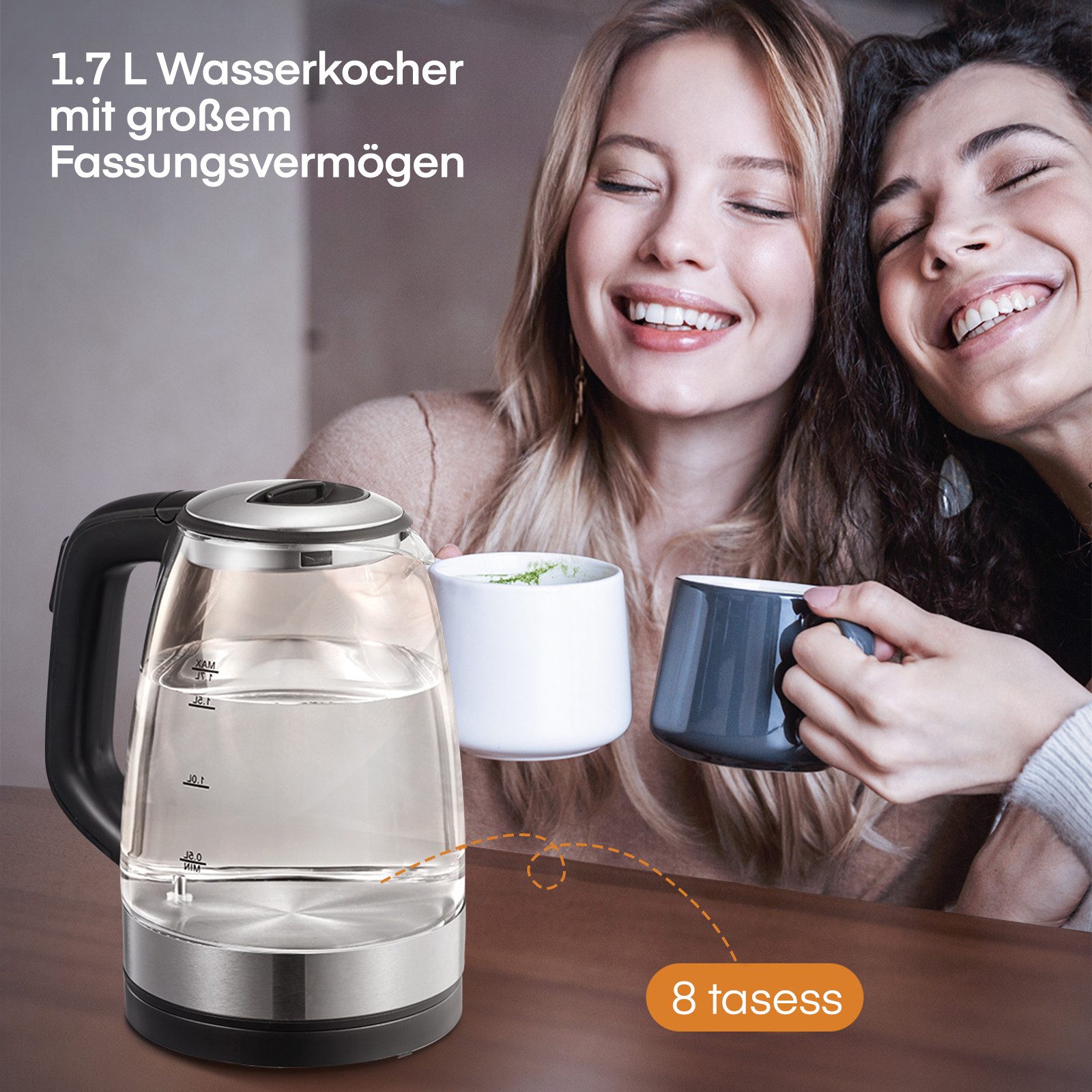FOHERE Wasserkocher mit Temperaturregelung von 50 bis 100 °C, BPA-frei, 1.7 l, 2200 W, aus lebensmittelechtem Borosilikatglas und Edelstahl – Bild 5 von 5