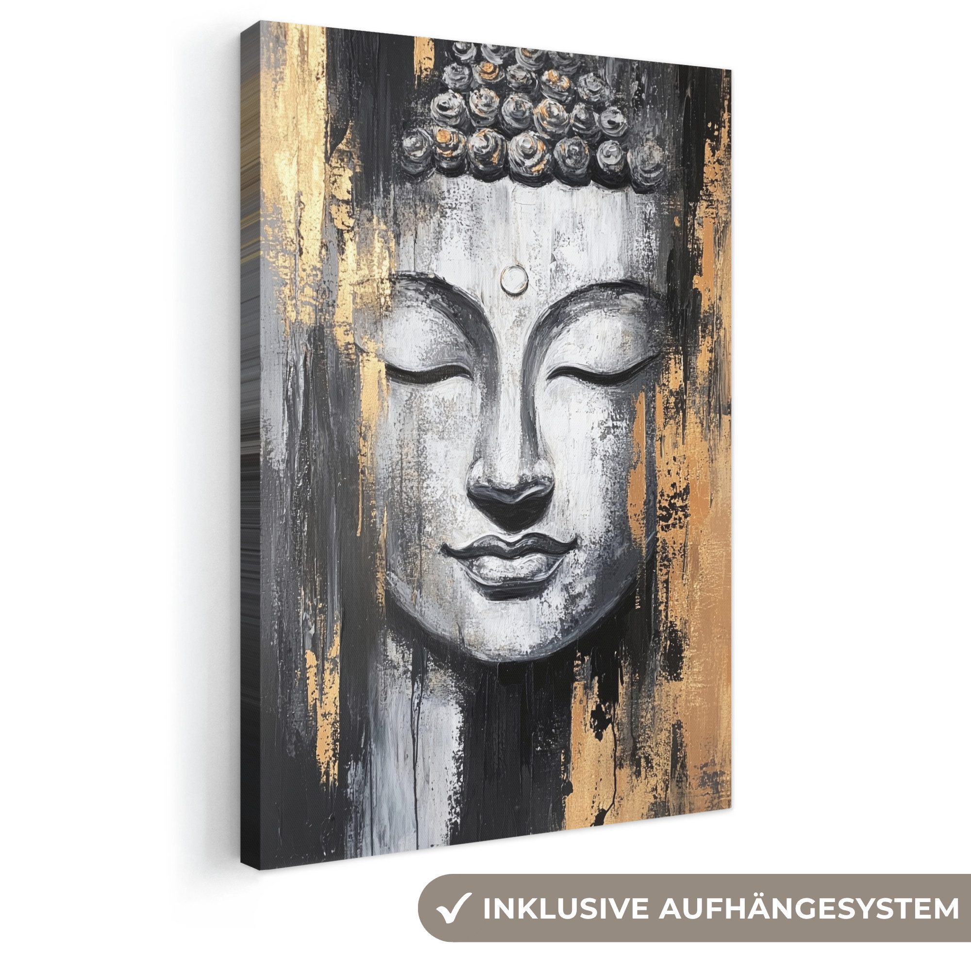 OneMillionCanvasses® Leinwandbild Buddha - Pinselstriche - Gold - Abstrakt, Fotodruck (1 St), Leinwand Canvas Wandbild, Wanddekoration 20x30 cm