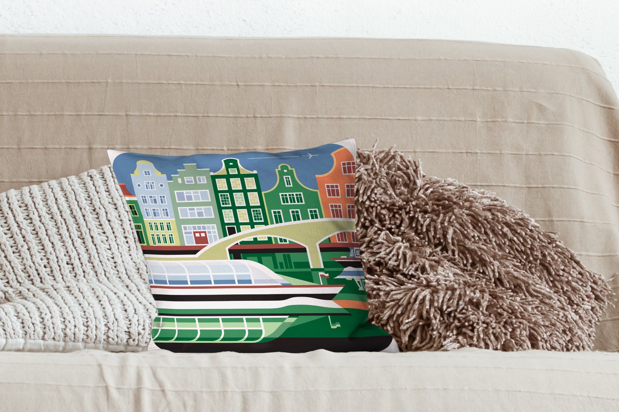 MuchoWow Dekokissen Illustration von Wohzimmer, Amsterdam Deko, grünen für Füllung Sofakissen mit Zierkissen Schattierungen, Schlafzimmer, mit