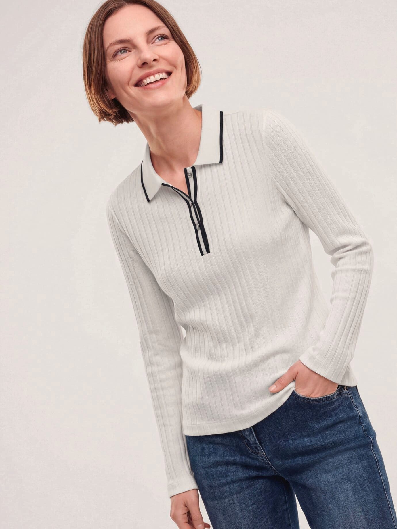 Walbusch Poloshirt Damen Poloshirt mit Rippenstruktur Polokragen Langarm, Polokragen