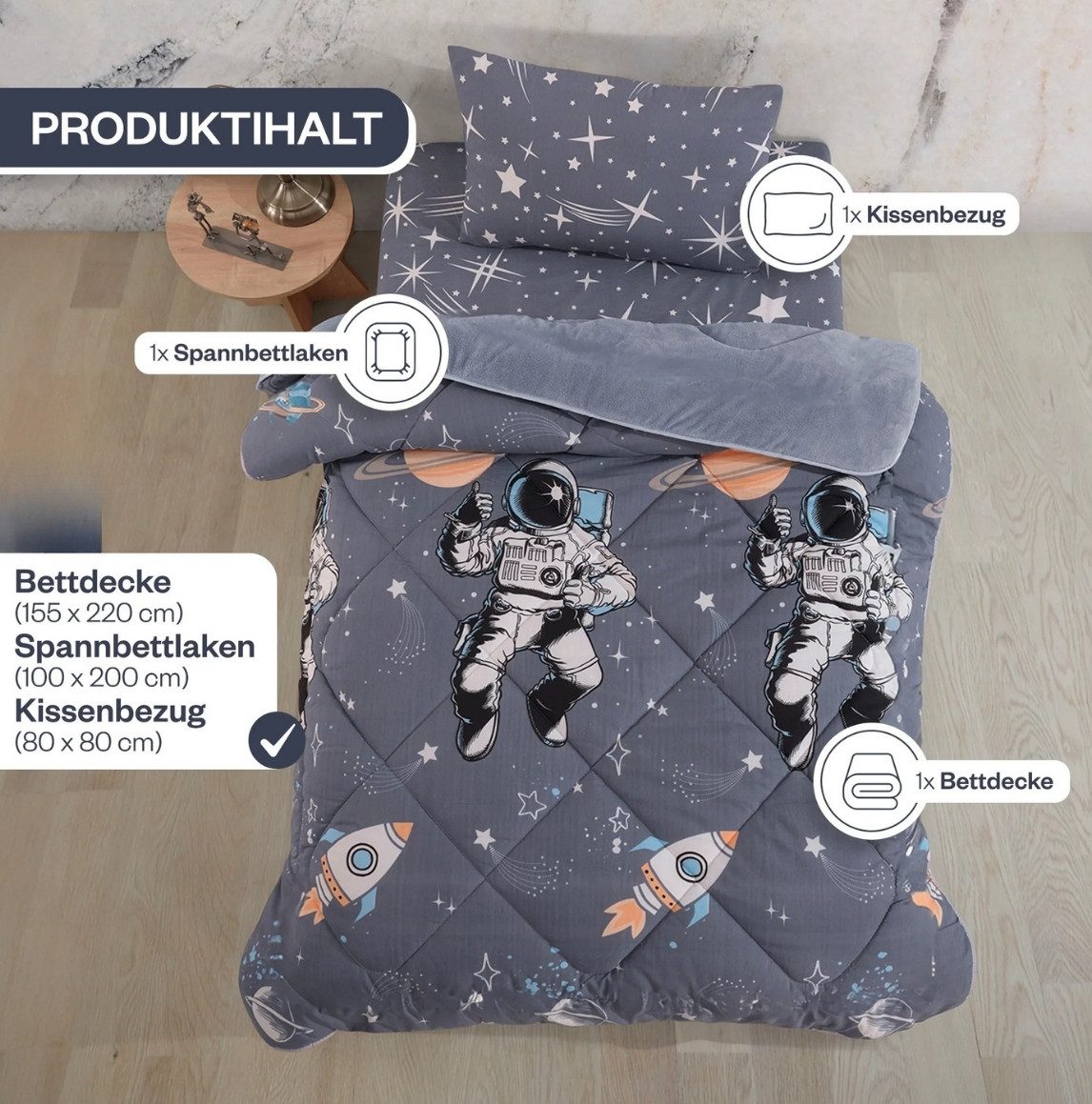 Formeya Kinderbettwäsche Astronauten Wellsoft Wendesteppdecke 155x220 cm mit Spannbettlaken
