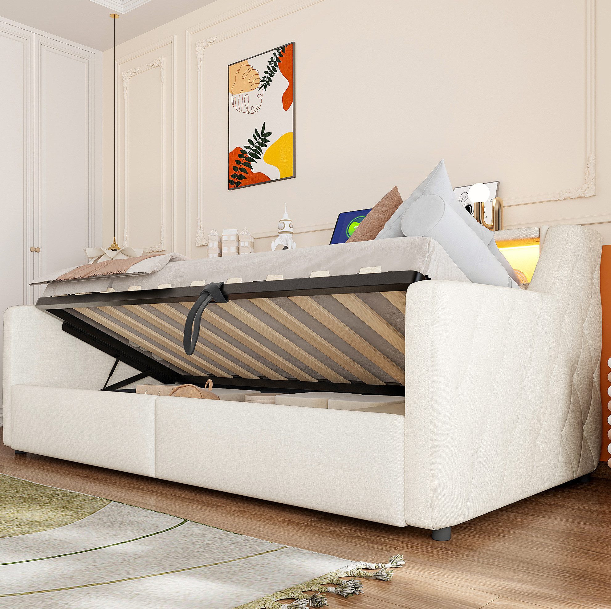 REDOM Schlafsofa Polsterbett mit LED-Beleuchtung, Daybett, 90x200 cm, praktischem Bettkasten mit Hydraulikfunktion und Ladeanschlussen, Funktionsbett Tagesbett, ohne Matratze