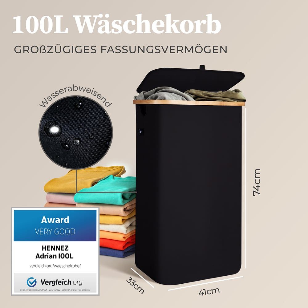 HENNEZ Wäschekorb mit Griff aus Bambus, 100 l – Wäschekorb mit Deckel, Dunkelgrau