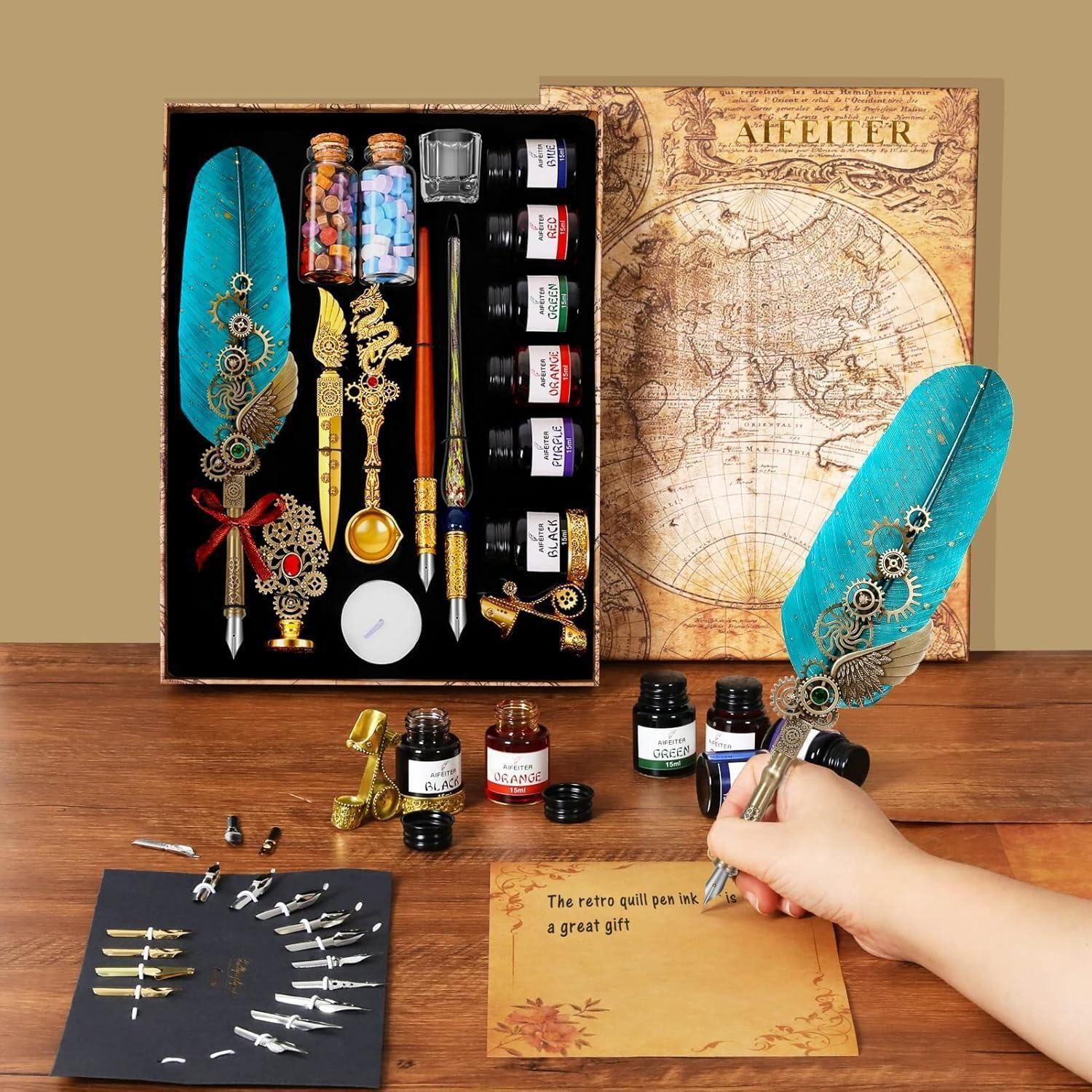 LuxusKollektion Zeichenfeder Schreibfeder Tintenset Quill Stift Notizbuch Federn Siegel Wachs Grau – Bild 5 von 5