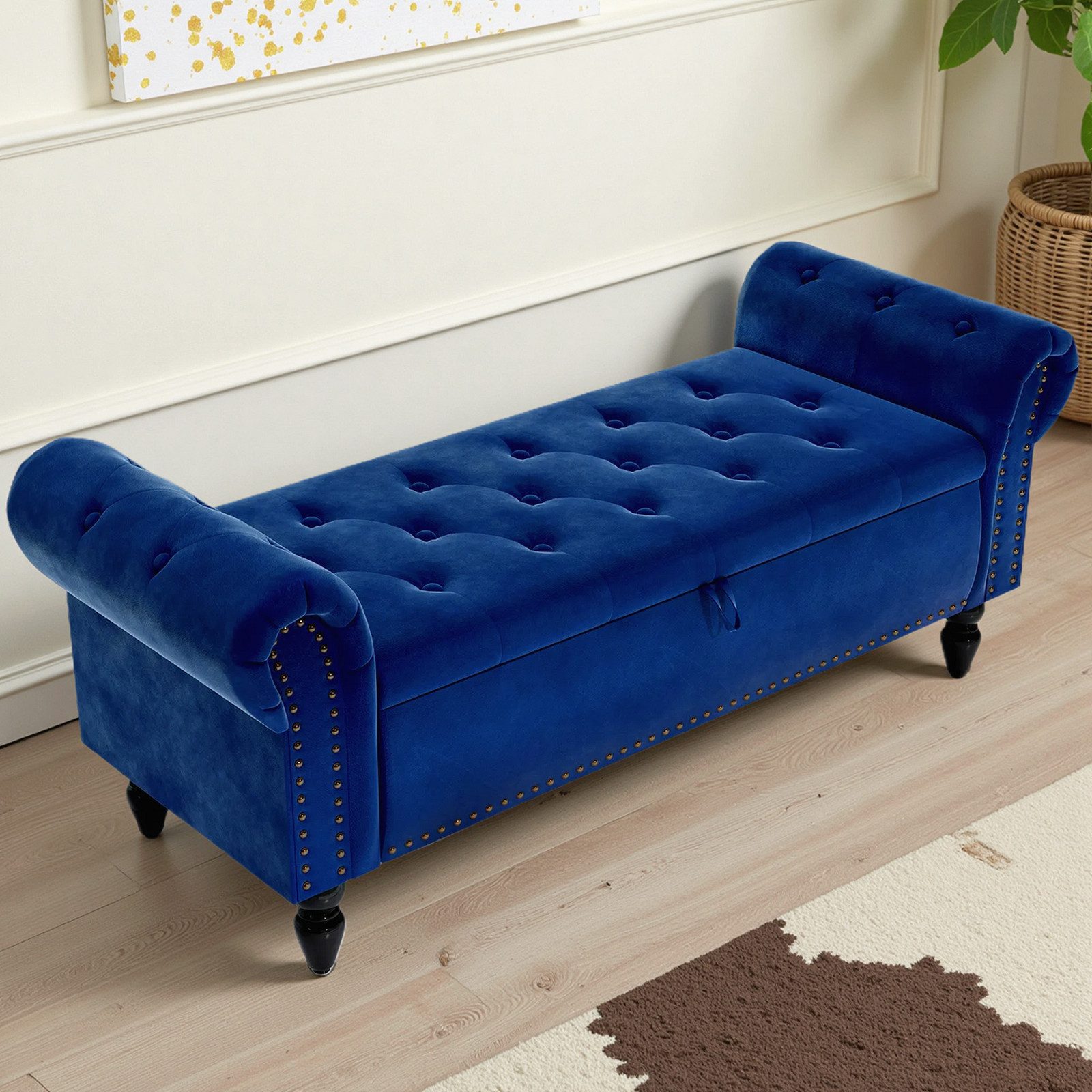 TLGREEN Bettbank Sitzbank mit Stauraum,133 x 53 x 46 cm Polsterbank, (Umdrehen Mit Booster-Gasstange, Bettende mit Deckel, Fußstütze mit stabilen Holzbeinen, Bis 168kg), Sofabank fur Flur, Esszimmer, Schlafzimmer, Wohnzimmer