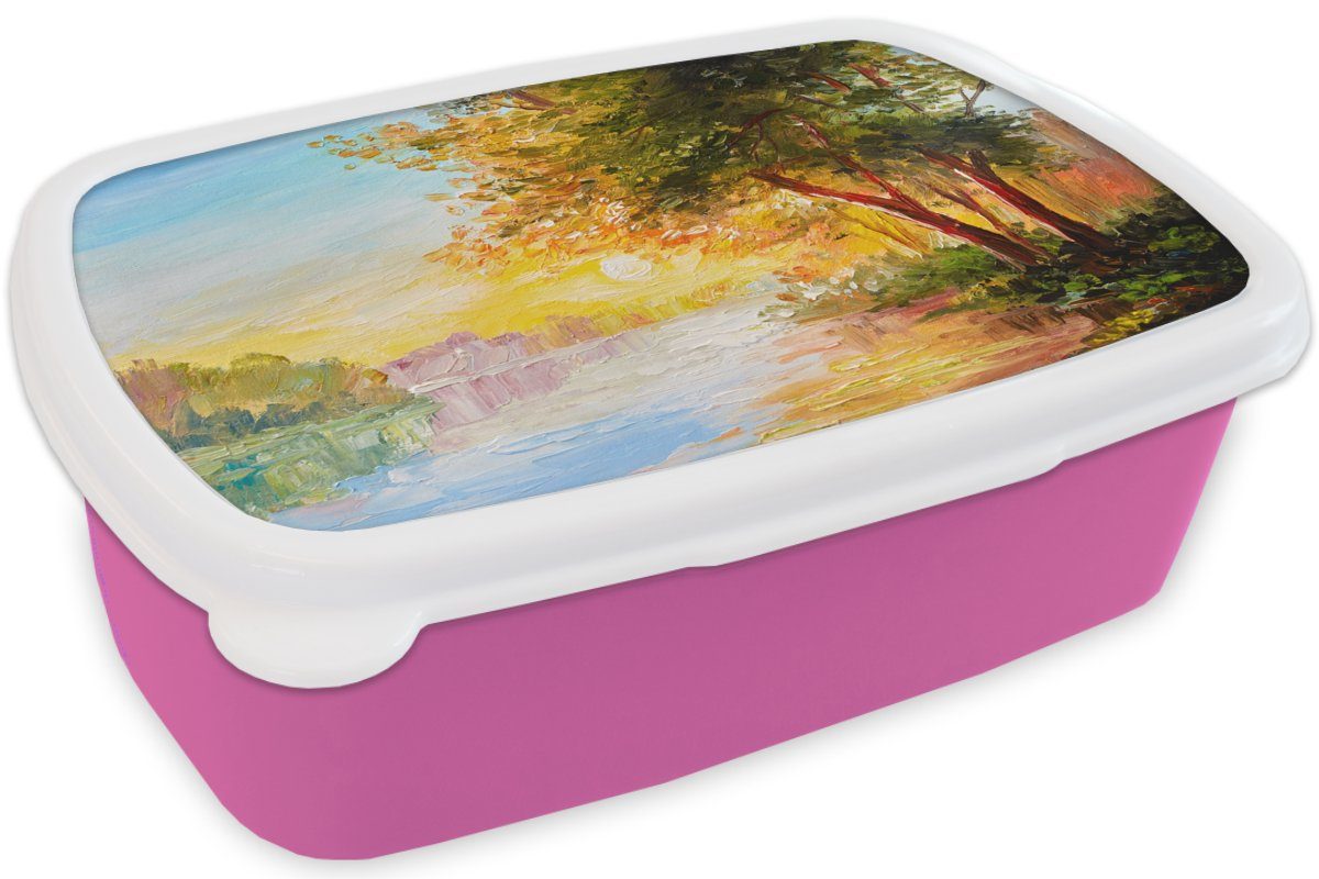 Malerei Snackbox, Brotdose Kinder, Erwachsene, Lunchbox - - Brotbox - (2-tlg), Baum Wasser, Kunststoff, Mädchen, Kunststoff Natur MuchoWow rosa für