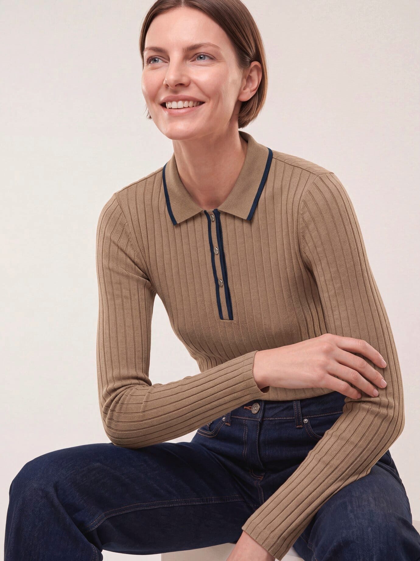 Walbusch Poloshirt Damen Poloshirt mit Rippenstruktur Polokragen Langarm, modern, pflegeleicht