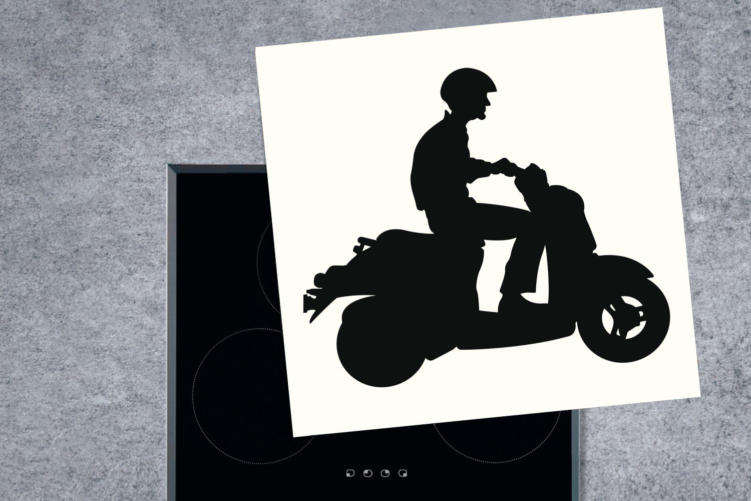78x78 Herdblende-/Abdeckplatte einem MuchoWow einer tlg), Arbeitsplatte schwarz-weiß, Vinyl, auf Motorroller (1 in Illustration Person Ceranfeldabdeckung, cm, für küche