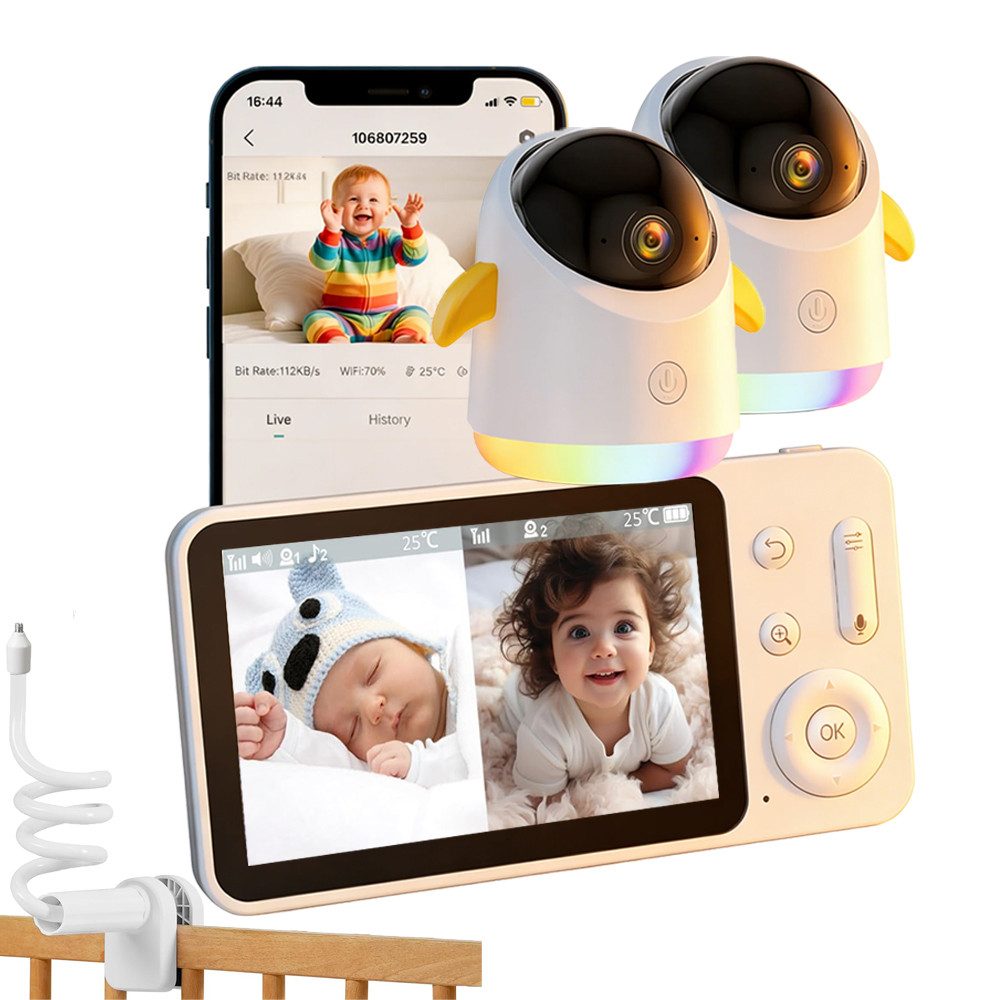 TWUFY Video-Babyphone 5,0 Zoll Babyphone mit 2 Kameras und APP Baby-Monitor mit Split-Screen, IR/RGB Nachtsicht, Weinen/Bewegungs/Geräuscherkennung, Alarme, Temperaturanzeige, LCD-Monitor (ohne WLAN) und mobiler App (WLAN erforderlich), Automatische Verfo