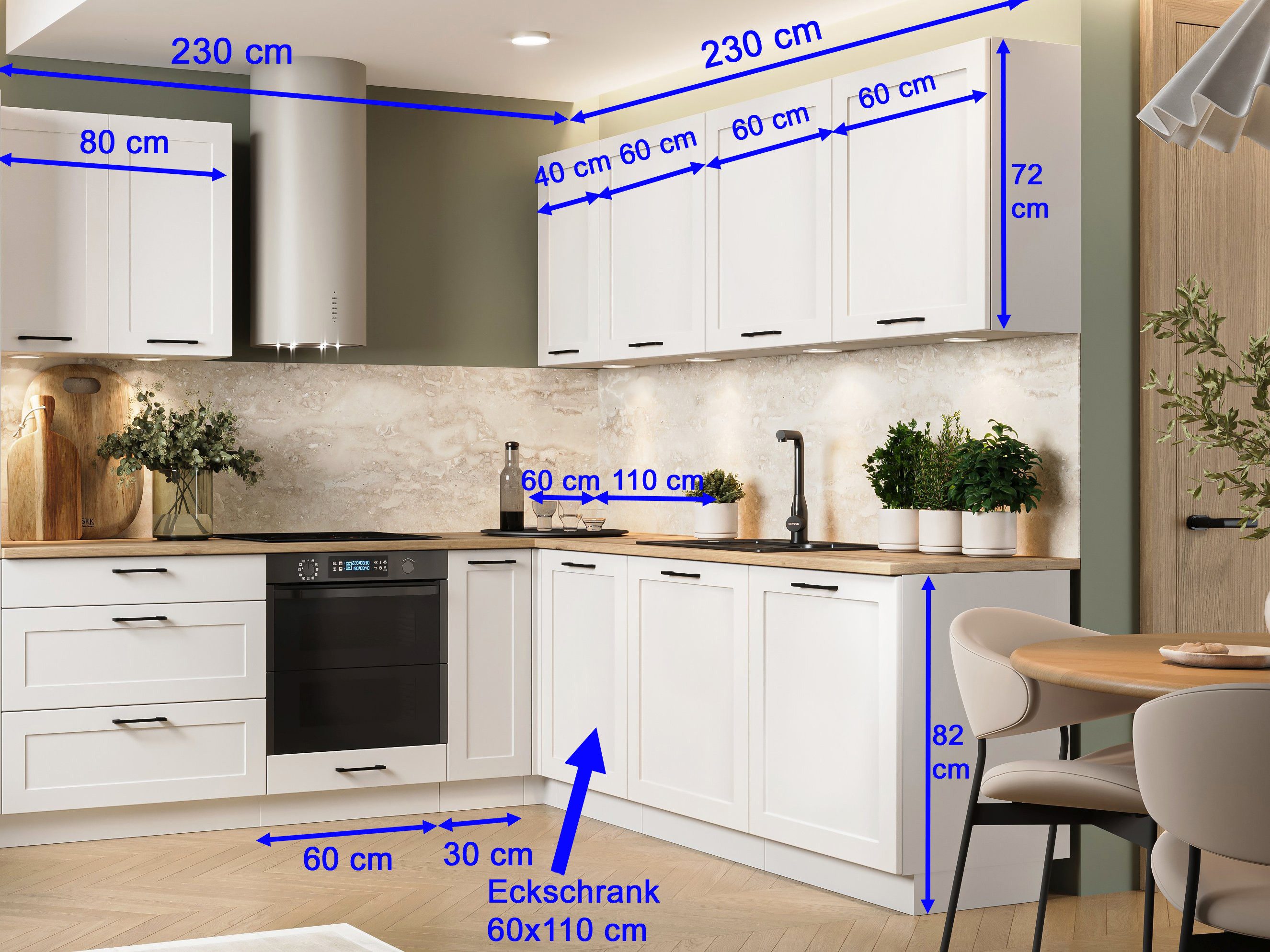 Möbel für Dich Winkelküche Landhausküche Eckküche Adele in L-Form 230x230 cm, 11-teilig, mit Rahmenfronten in Mattweiß, schwarze Metallgriffe