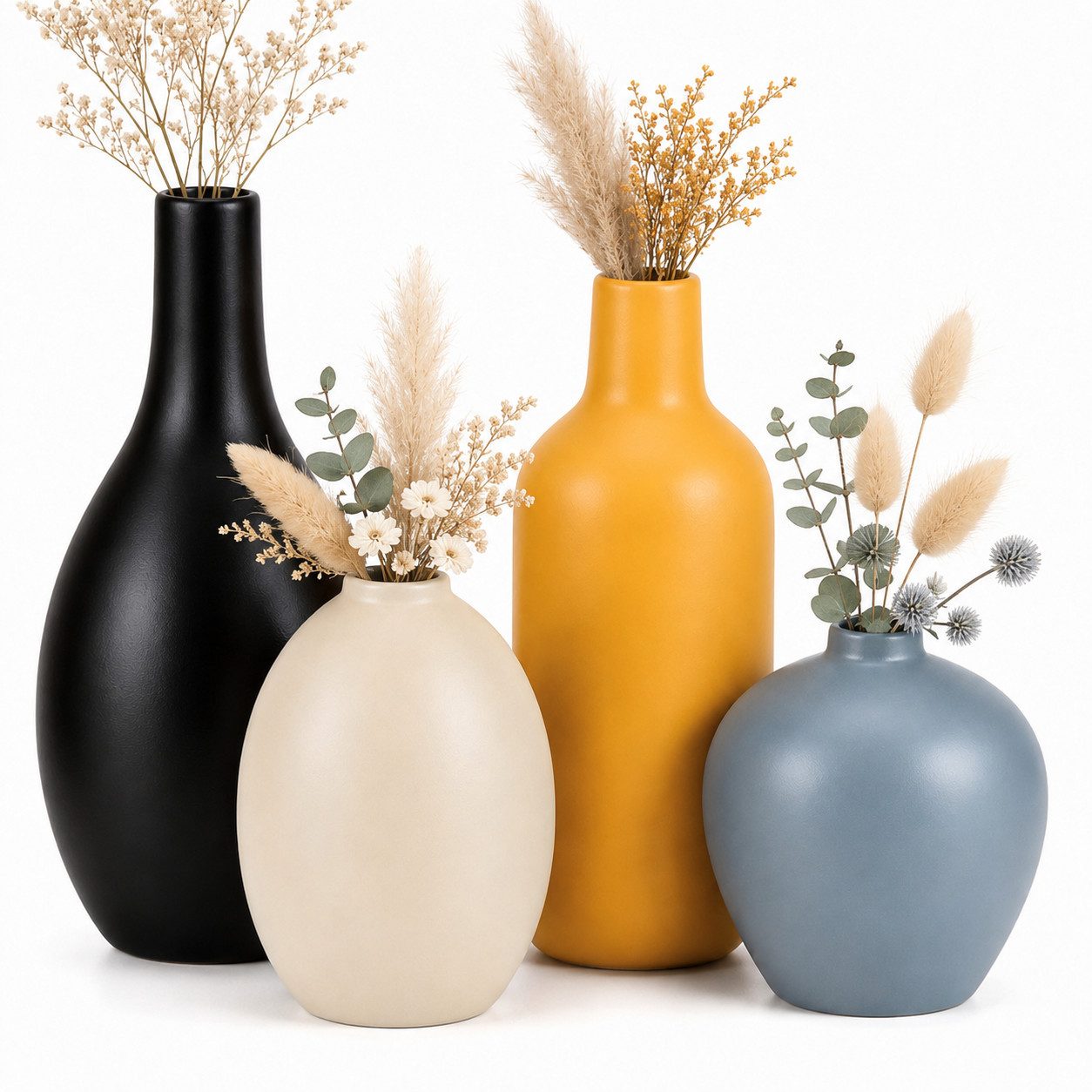 BlingBin Tischvase Keramik-Vasenset, Dekovasen, 4 Größen, für Tischdeko (4er-Set, 4 St., 4 Größen (H): 19,5 × 8 cm, 17 × 6,5 cm, 12 × 8 cm, 10 × 8 cm), 4 Farben Vasen für Getrocknete Blumen und Pampasgras, Wohnaccessoire
