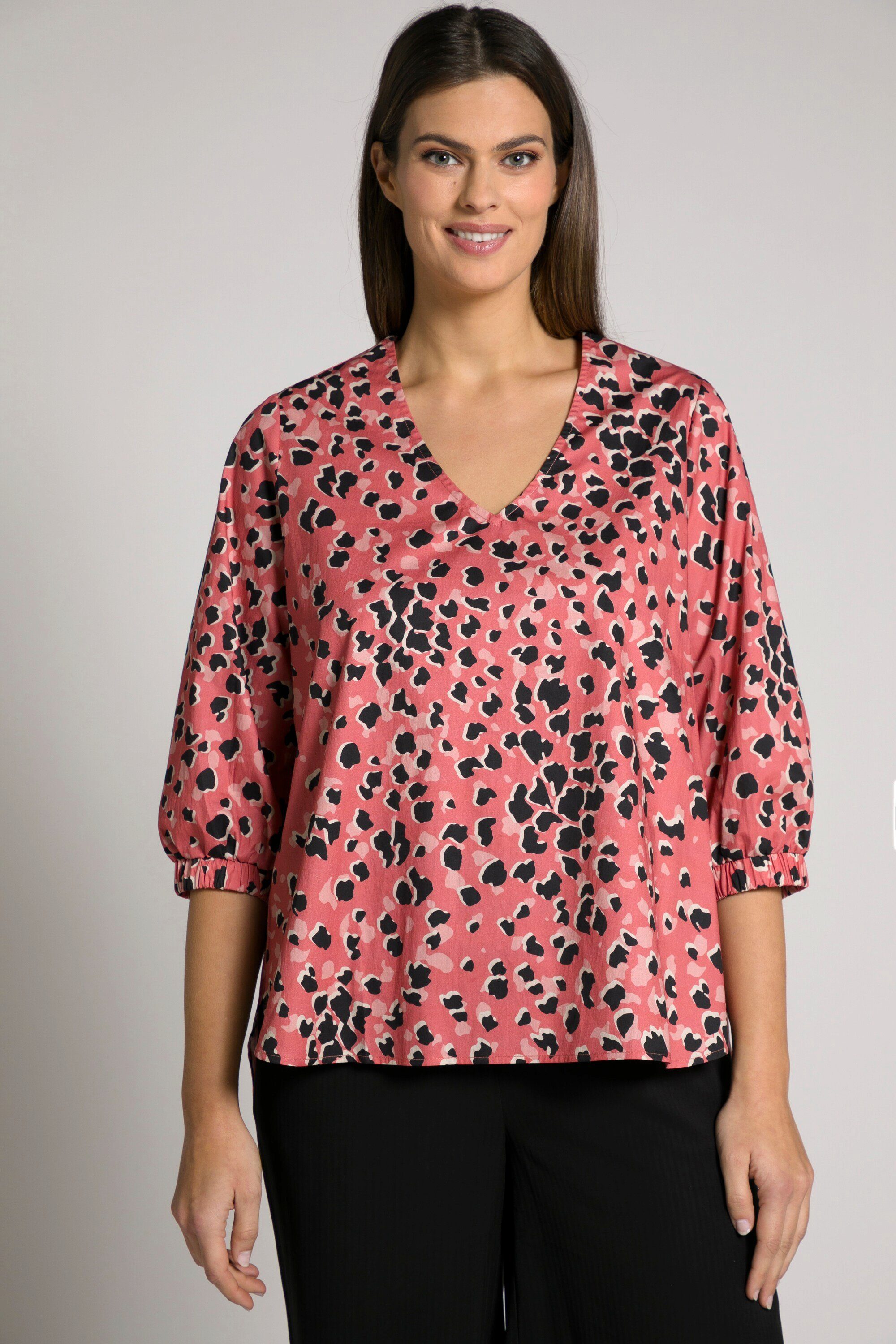 Ulla Popken Longbluse Bluse Animal-Druck A-Linie V-Ausschnitt 3/4-Arm