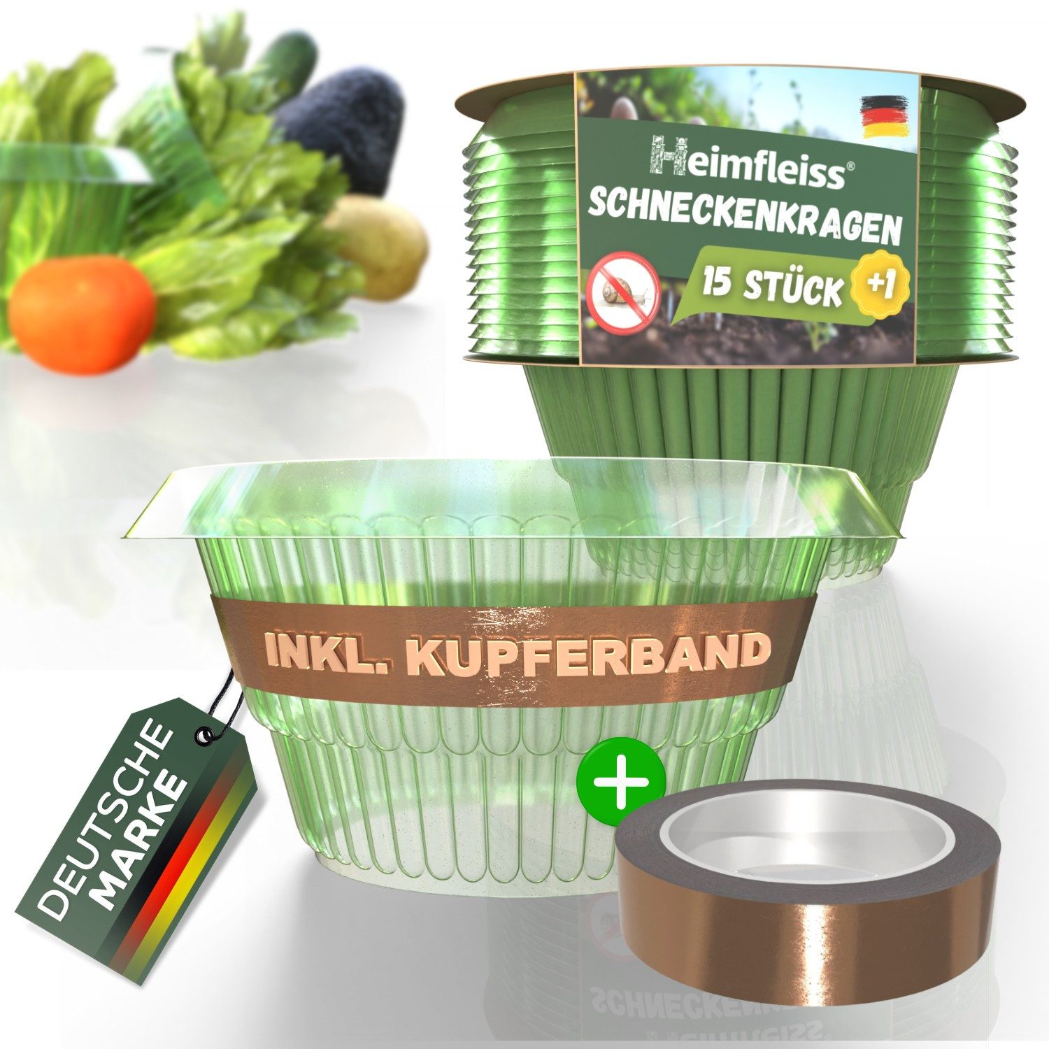 Heimfleiss® Gartenpflege-Set Schneckenkragen mit Kupferband Schneckenschutzring, Grün Ø14 cm - 16 Stück: grüner Schneckenschutz für 16 Pflanzen