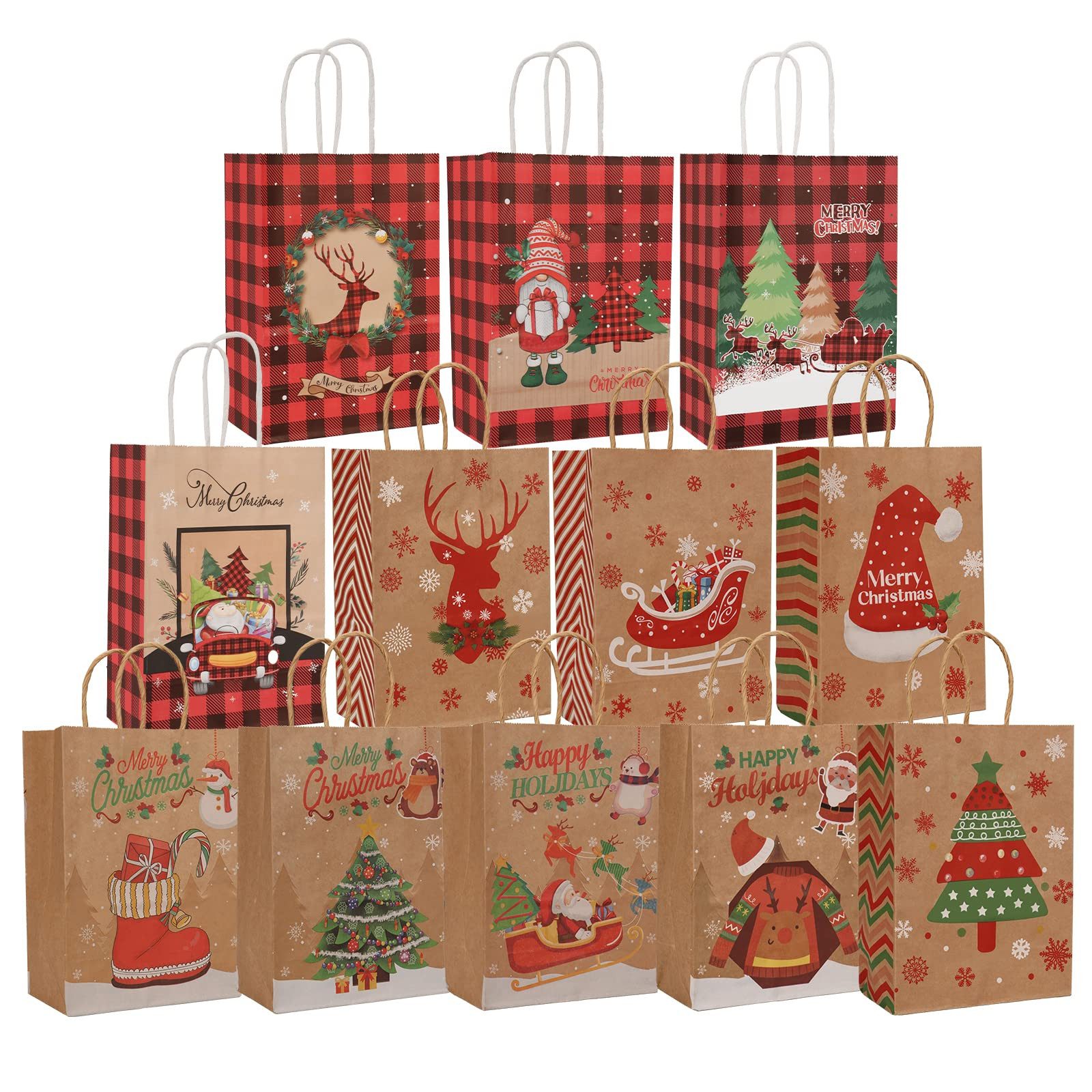 FOUORTUNATE-BEE Geschenkbox 12er Set Weihnachts-Geschenktüten mit Griffen aus Kraftpapier (12 St), Praktische Papiertüten für Geschenke, Süßigkeiten und Partybedarf