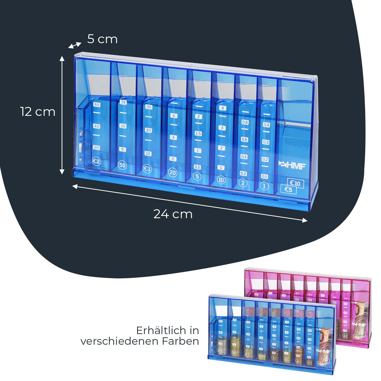HMF Spardose Münzzähler mit automatischer Sortierung zur Kleingeld Aufbewahrung, Münzsortierer mit Werteskala als Spardose Kinder, 24 x 12 x 5 cm, Blau – Bild 5 von 5