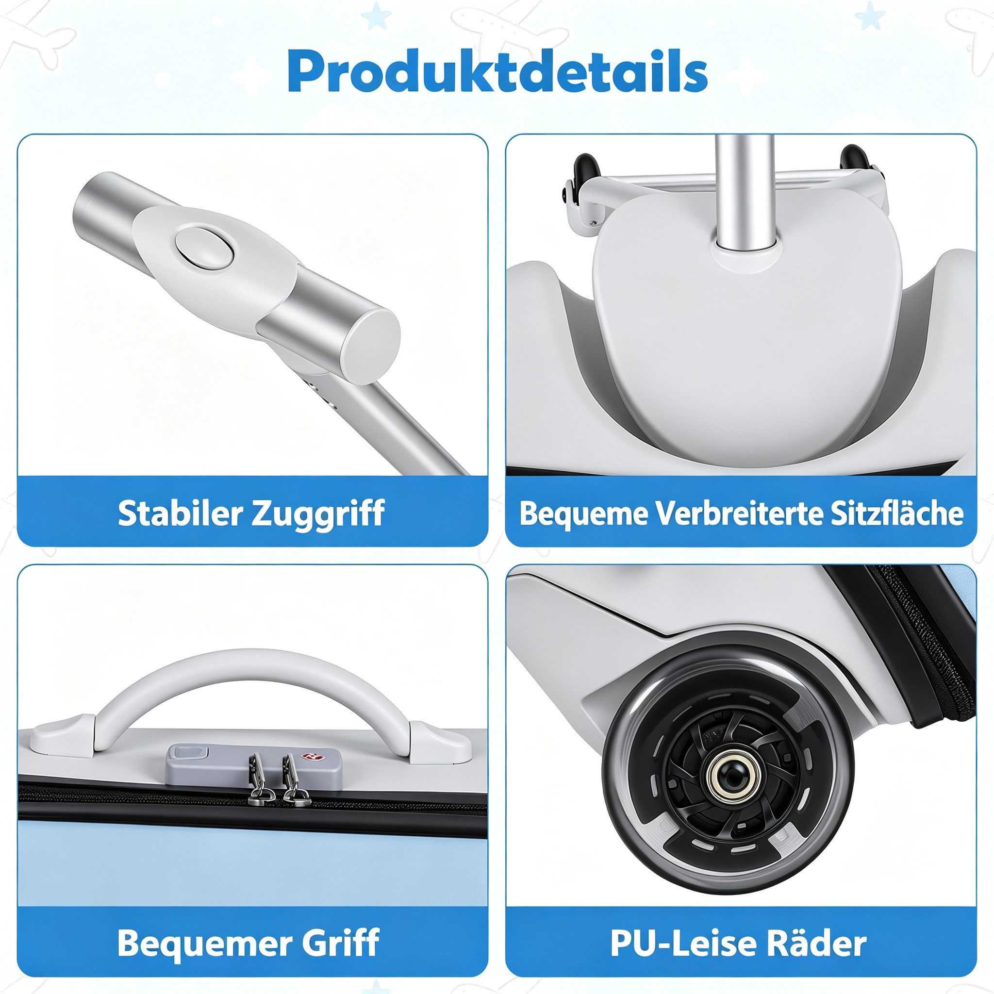 Rutaqian Kinderkoffer Kinderkoffer zum Draufsitzen, 20 Zoll, 45L, 4 Rollen, Ride-On, Abnehmbarer Sitzrahmen mit Sicherheitsbügel, bis 50 kg – Bild 4 von 5