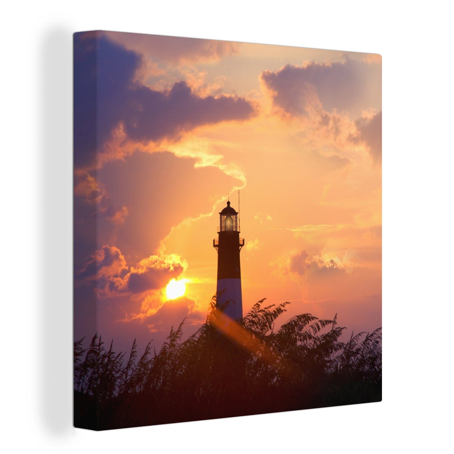 OneMillionCanvasses® Leinwandbild Leuchtturm - Sonne - Gras, (1 St), Leinwand Bilder für Wohnzimmer Schlafzimmer