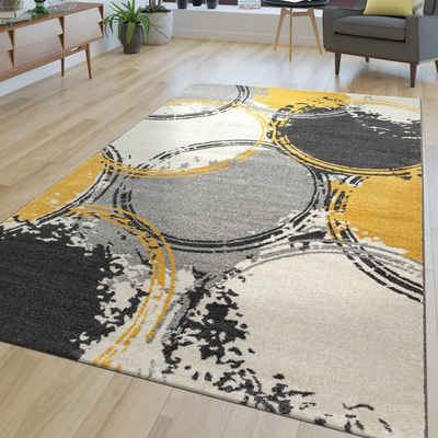 Teppich Wohnzimmer Modern Muster Kurzflor Abstrakt Kreise In Gelb Grau Weiß, TT Home, Läufer, Höhe: 15 mm