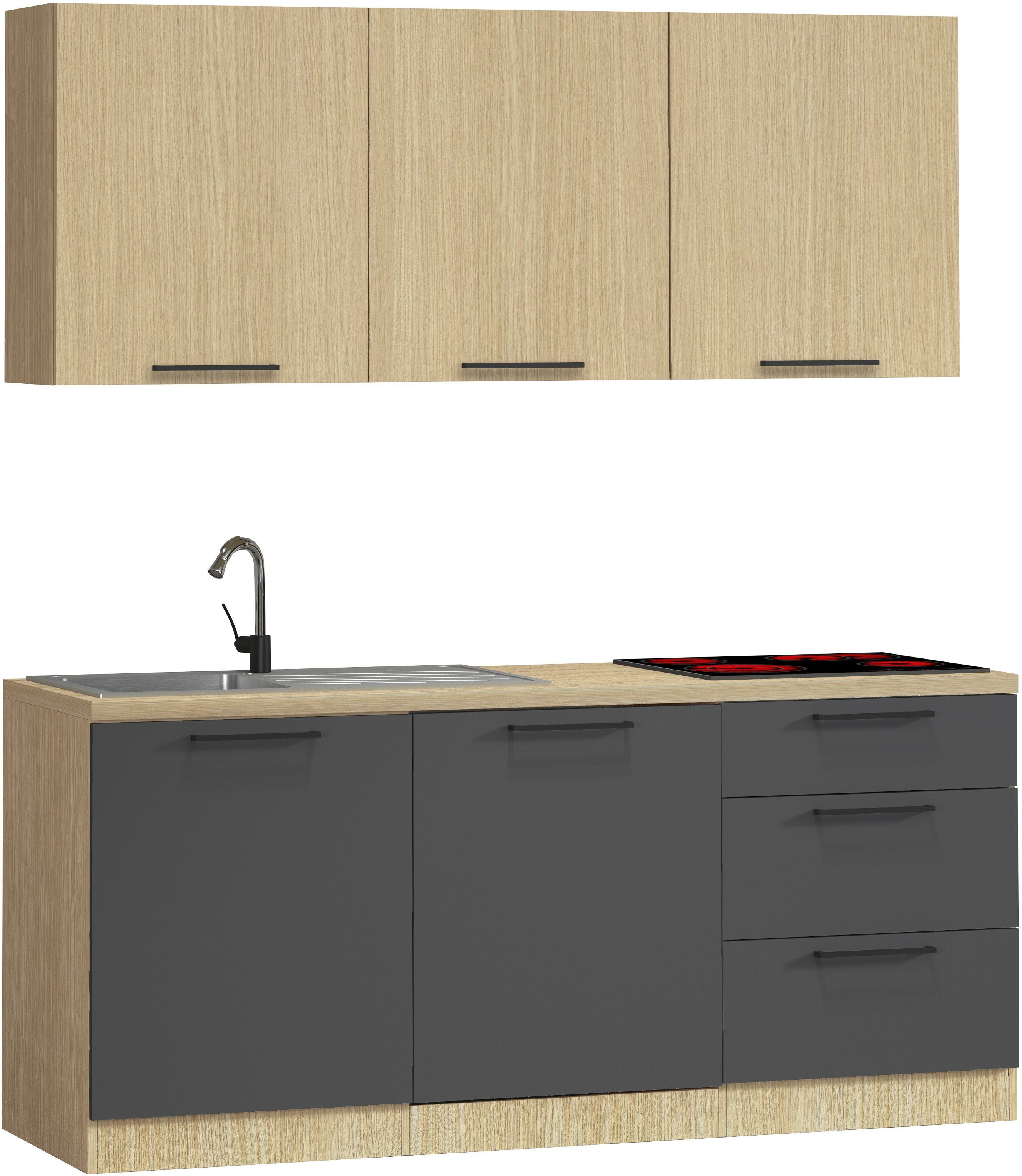 KOCHSTATION Küchenzeile Luna, Küchenzeile mit Spüle + Siphon, ohne E-Geräte, Breite 182 cm,Türen mit Soft-Close Funktion, Metalgriffe,Made in Italy