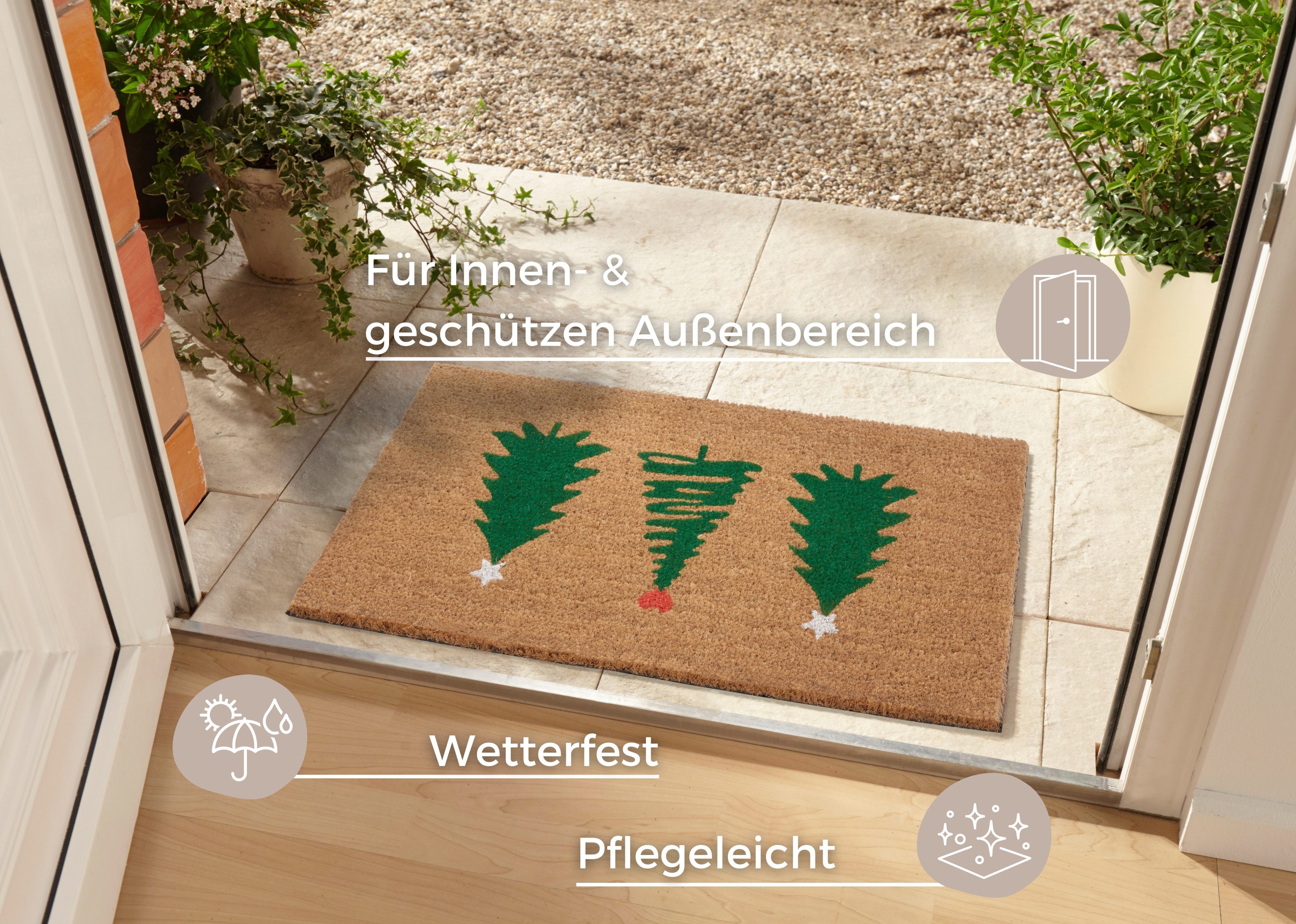 HANSE Home Fußmatte Mix Mats Kokos Decorated Pine Trees, Türmatte, rechteckig, Höhe: 15 mm, Weihnachten, Schmutzfangmatte, Outdoor, Rutschfest, Innen, Kokosmatte